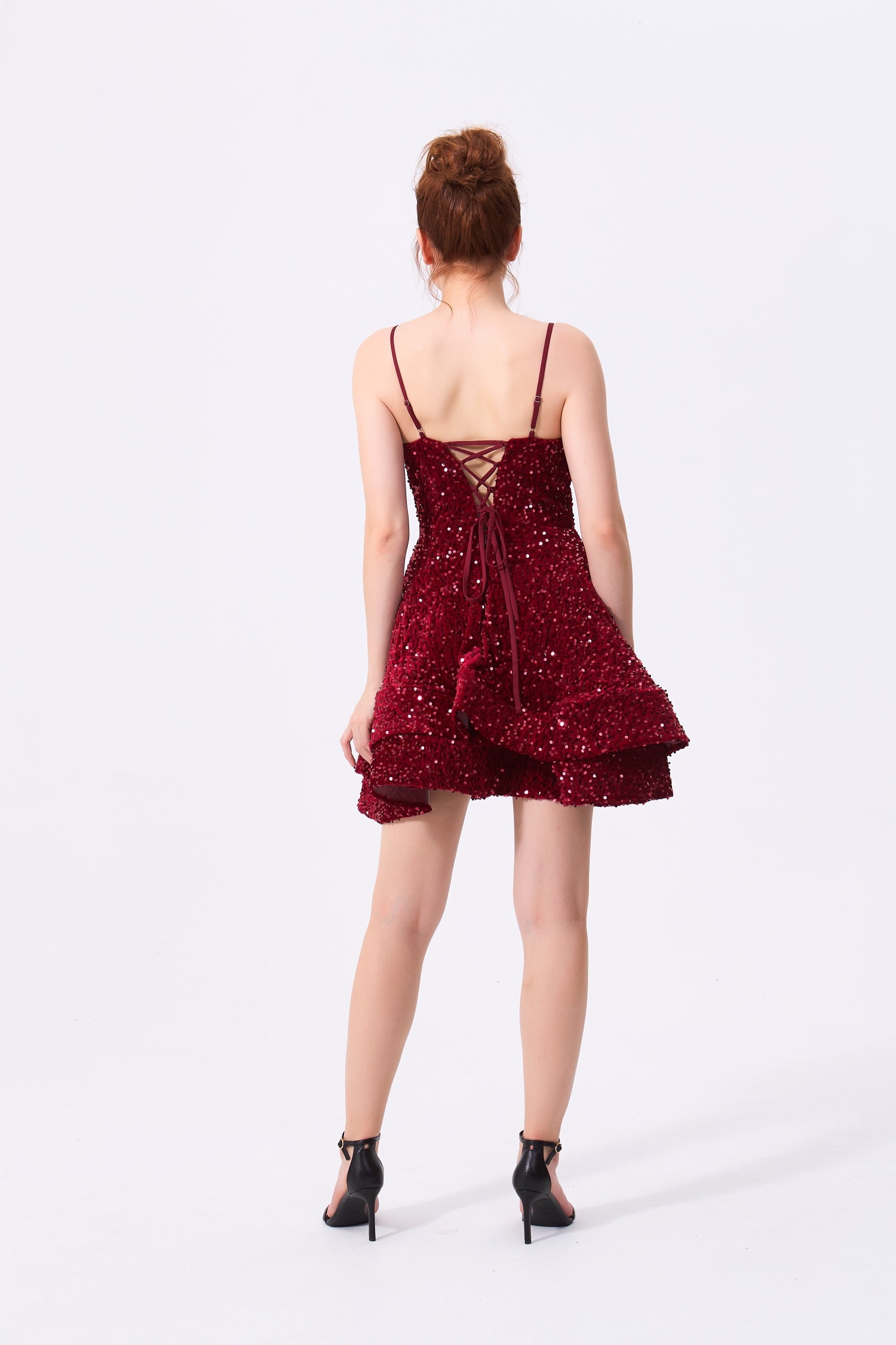 Burgundy Sequin A-Line Sweetheart Lace-Up Back Mini Dress Back View - Almudear