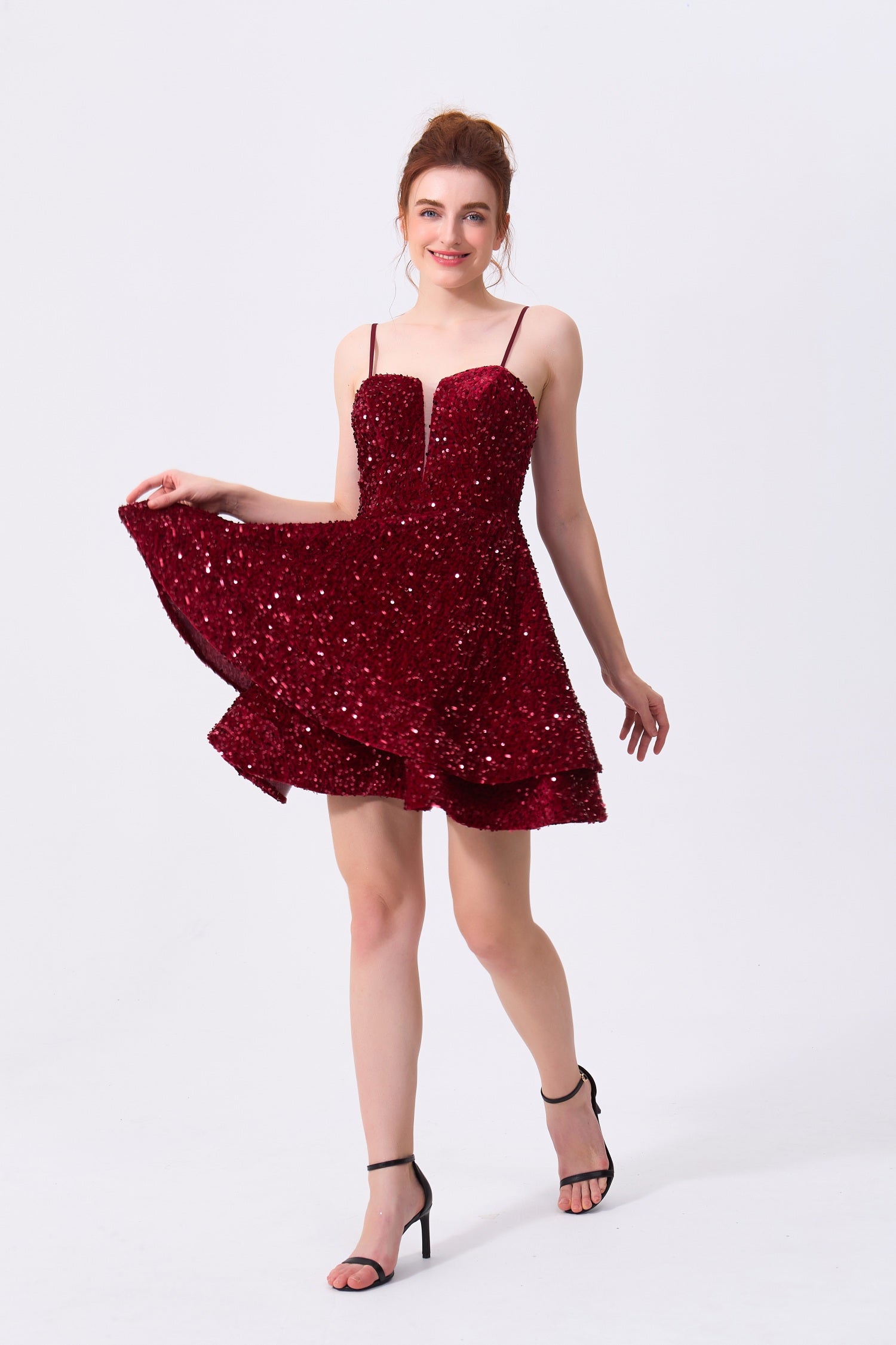 Burgundy Sequin A-Line Sweetheart Lace-Up Back Mini Dress Front View - Almudear