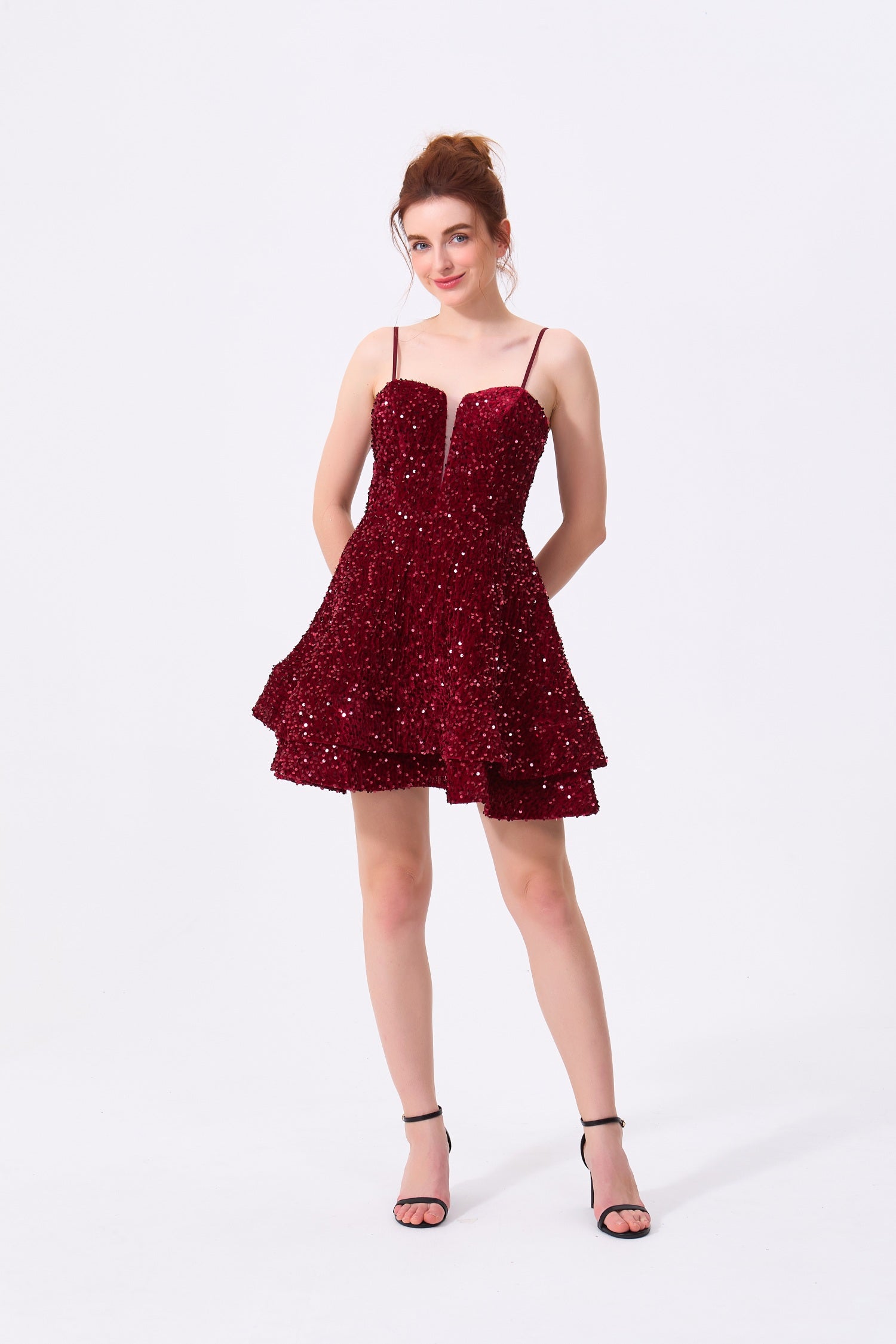 Burgundy Sequin A-Line Sweetheart Lace-Up Back Mini Dress - Almudear