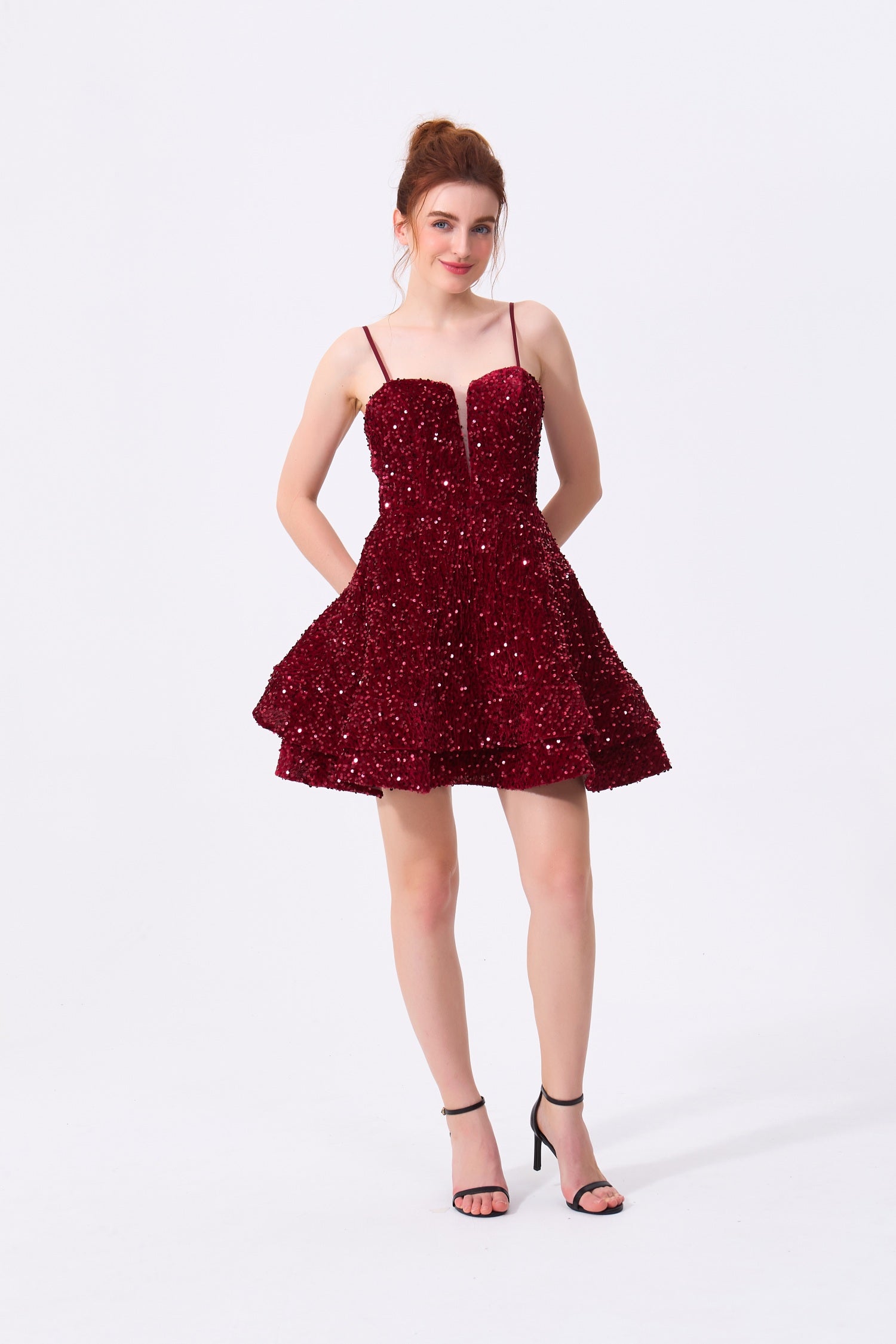 Burgundy Sequin A-Line Sweetheart Lace-Up Back Mini Dress - Almudear