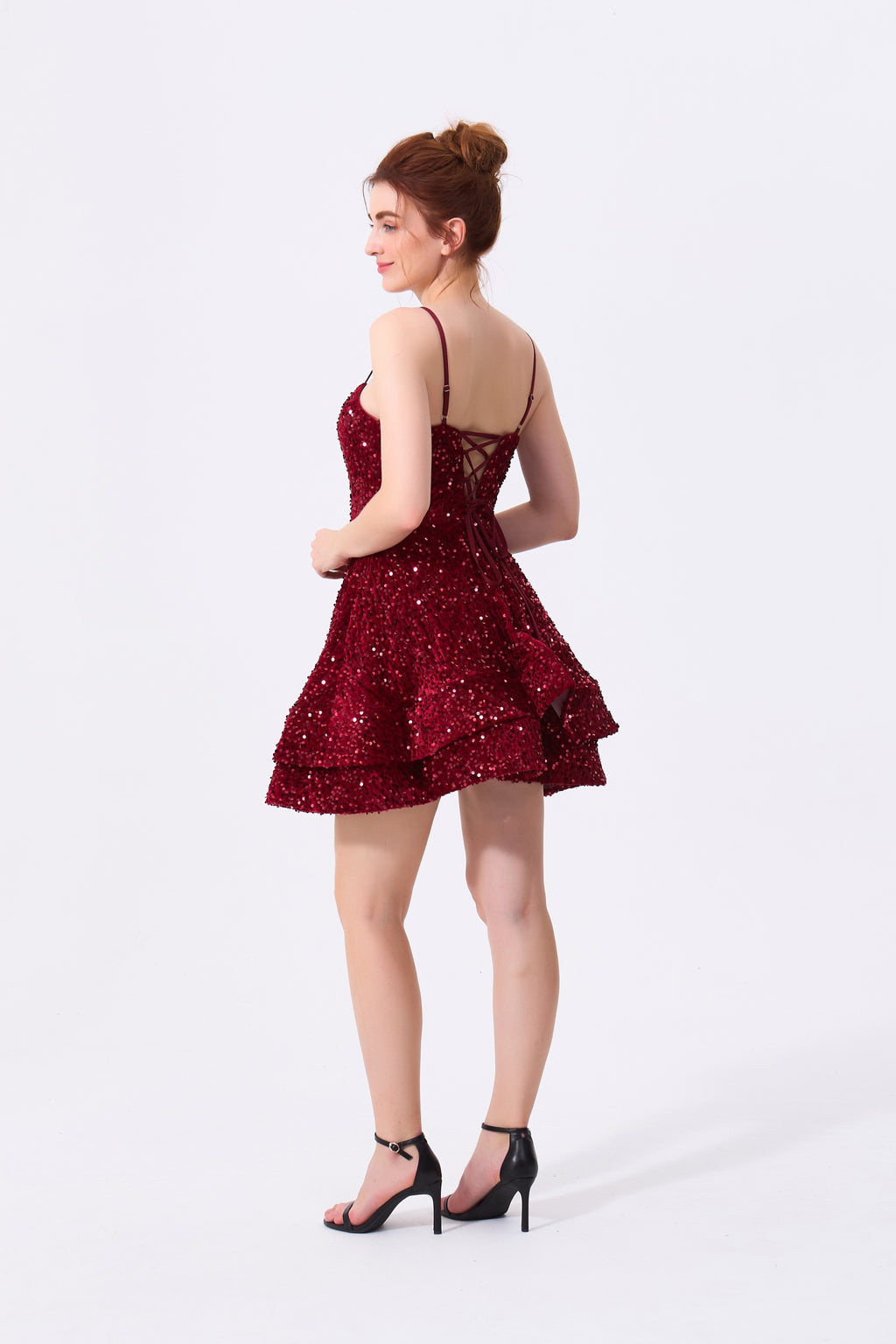 Burgundy Sequin A-Line Sweetheart Lace-Up Back Mini Dress - Almudear