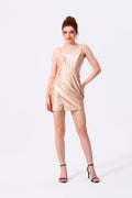 Champagne Satin Bodycon Sweetheart Lace-Up Back Mini Dress Front View - Almudear
