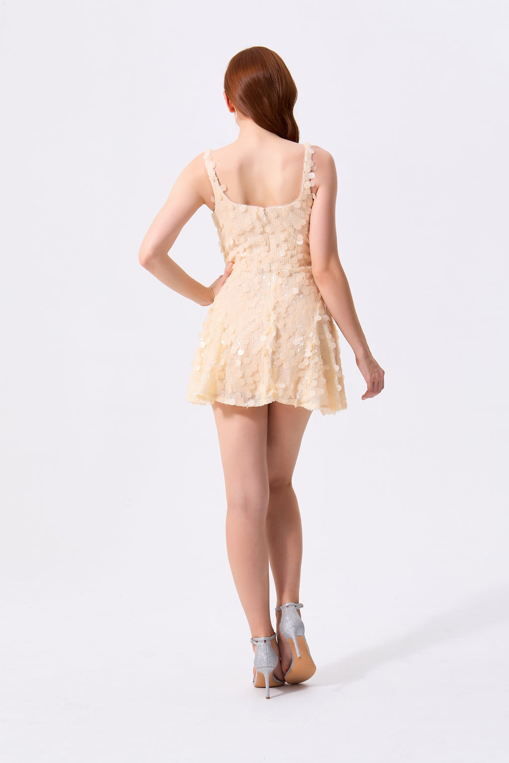 Champagne Sequin A-Line Square Neck Zipper Back Mini Dress - Almudear