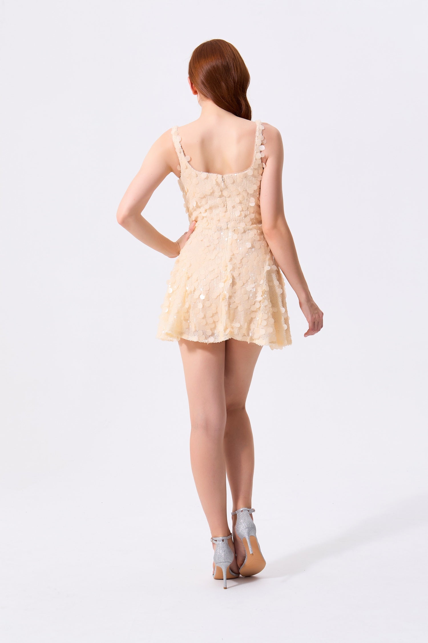 Champagne Sequin A-Line Square Neck Zipper Back Mini Dress - Almudear