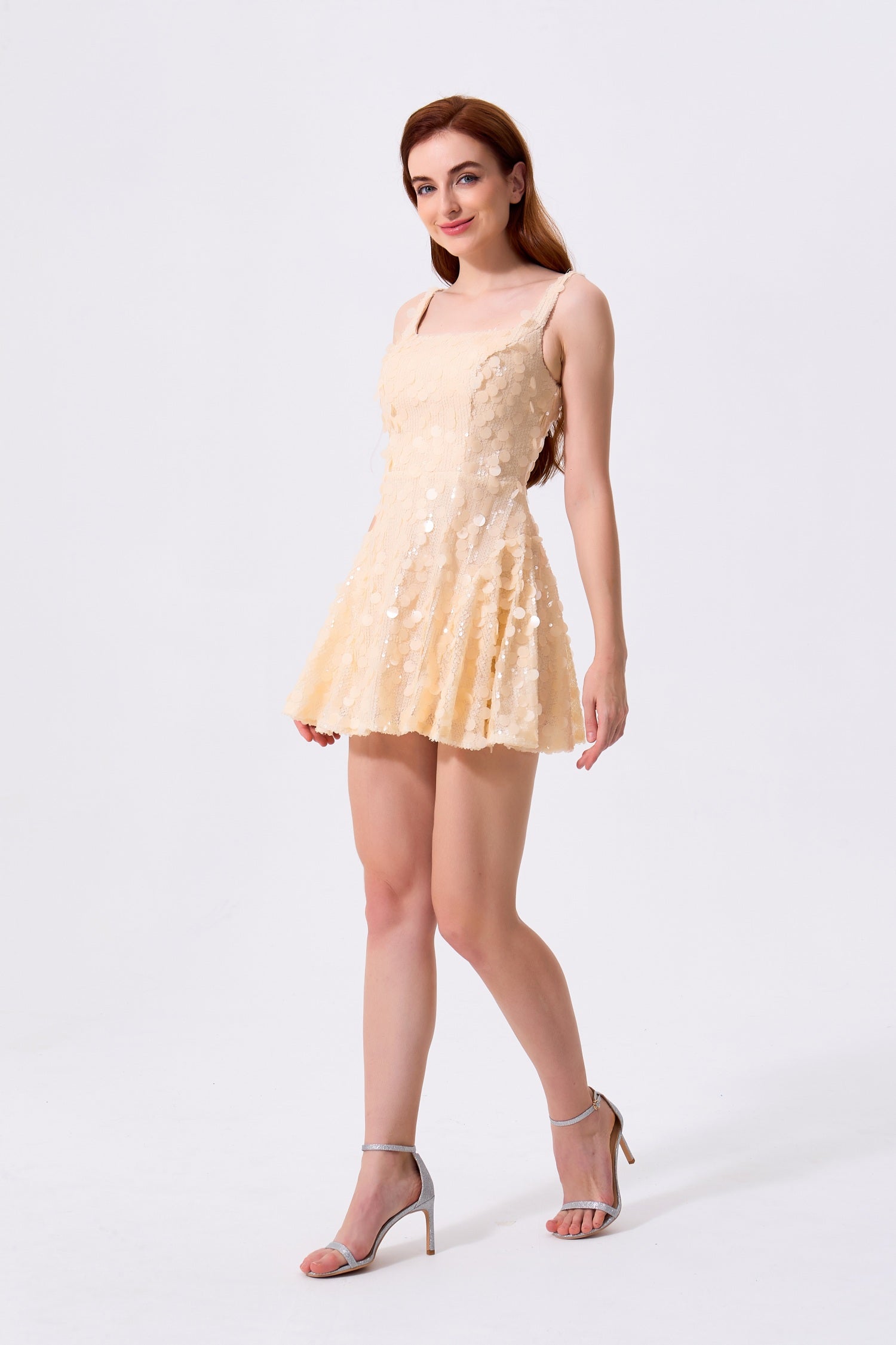 Champagne Sequin A-Line Square Neck Zipper Back Mini Dress - Almudear
