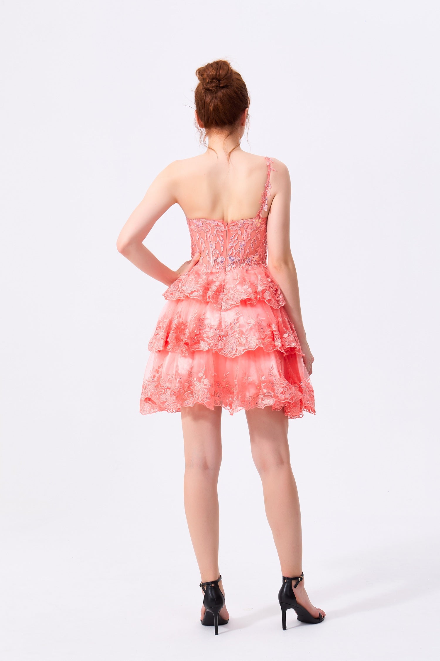 Coral Lace and Tulle Tiered One Shoulder Zipper Back Above Knee Dress Back View - Almudear