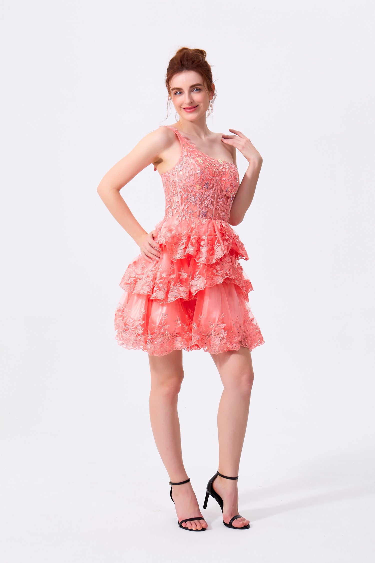 Coral Lace and Tulle Tiered One Shoulder Zipper Back Above Knee Dress Front View - Almudear