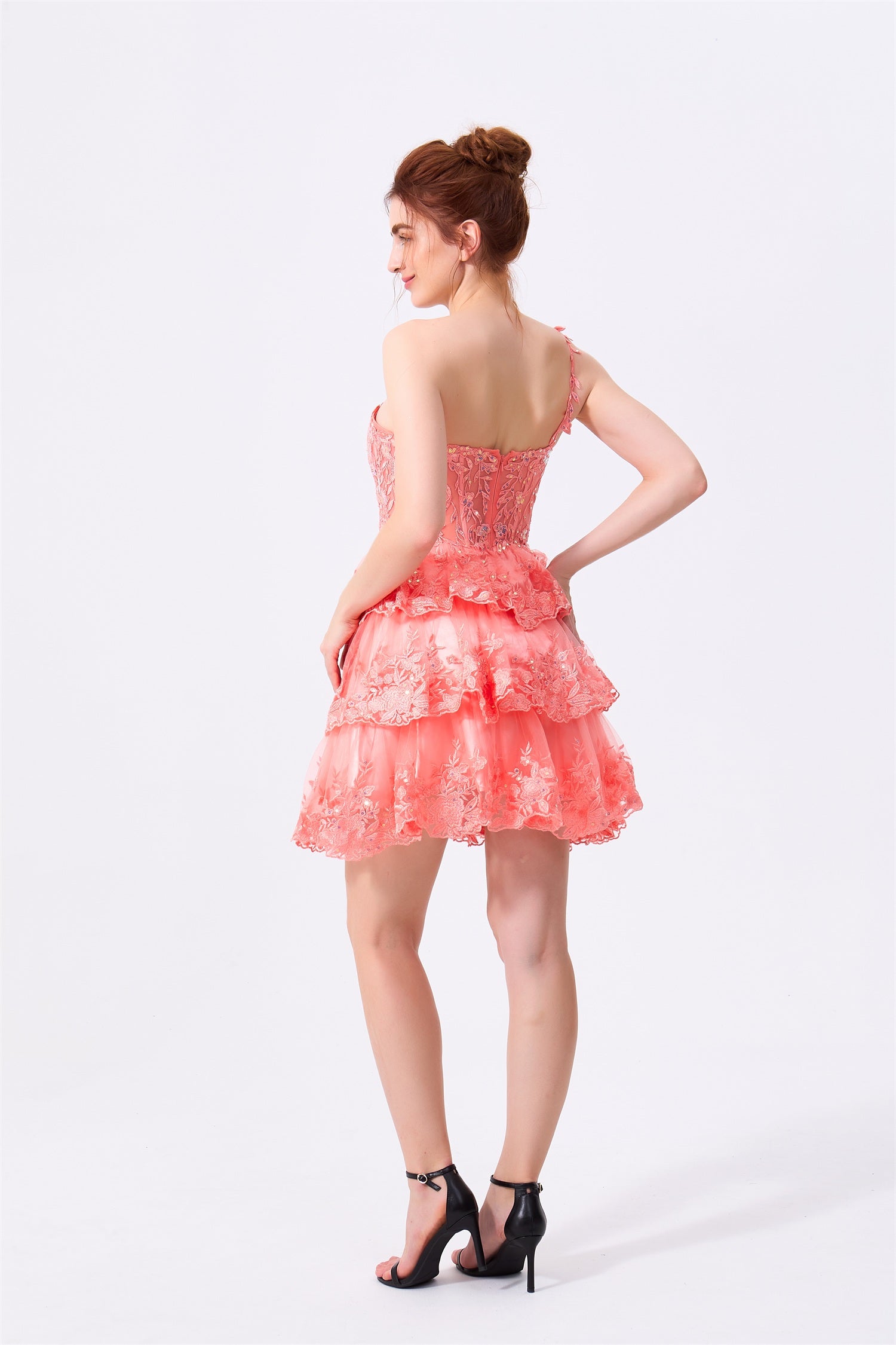 Coral Lace and Tulle Tiered One Shoulder Zipper Back Above Knee Dress - Almudear