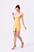 Daffodil Glitter Fabric Bodycon Sweetheart Lace-Up Back Mini Dress - Almudear