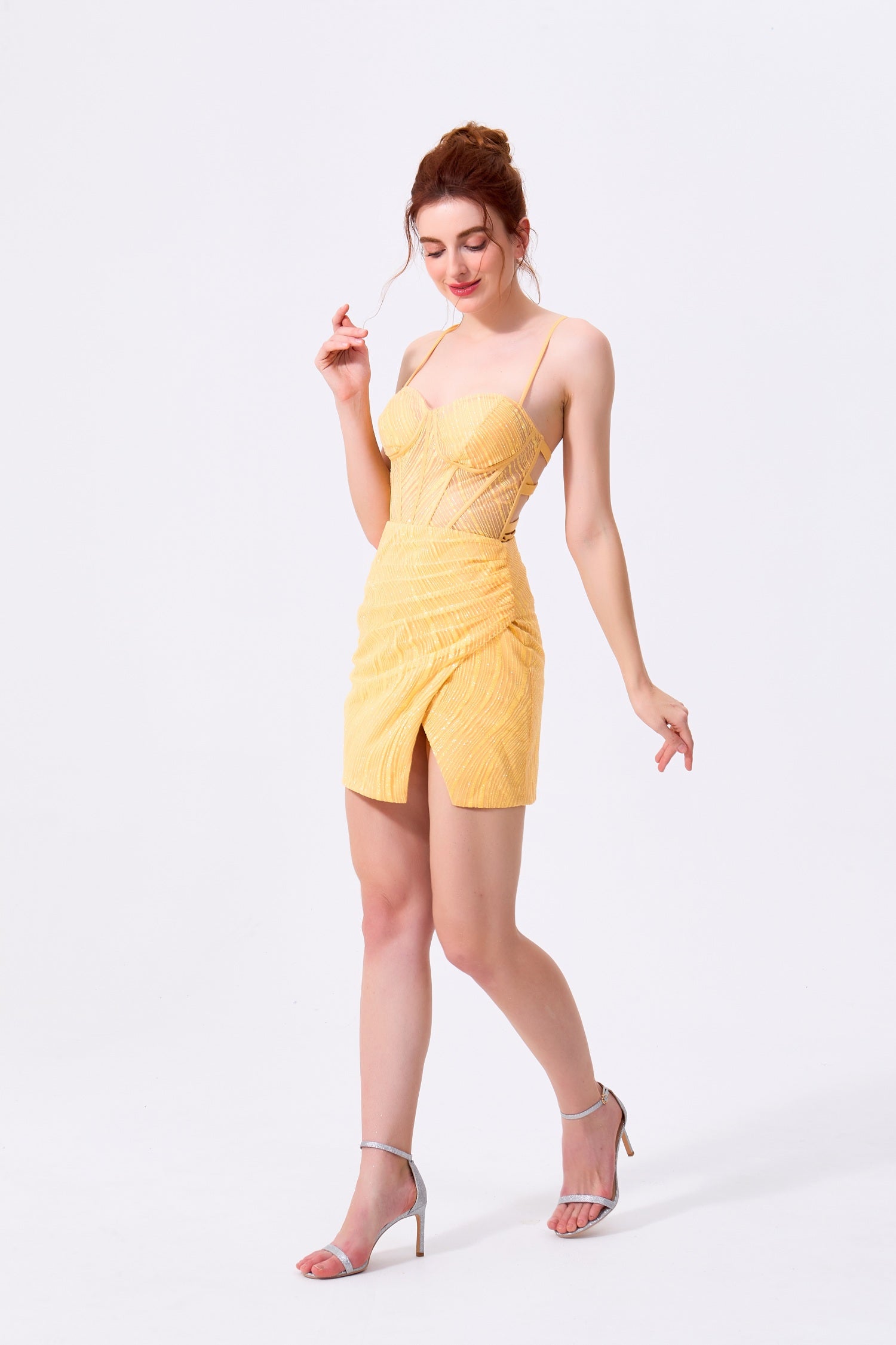 Daffodil Glitter Fabric Bodycon Sweetheart Lace-Up Back Mini Dress - Almudear