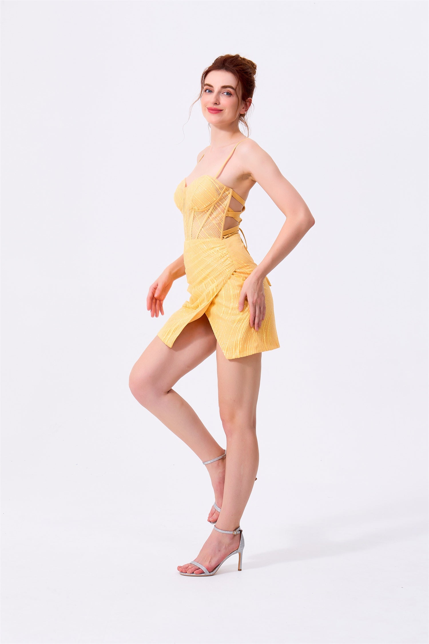 Daffodil Glitter Fabric Bodycon Sweetheart Lace-Up Back Mini Dress - Almudear