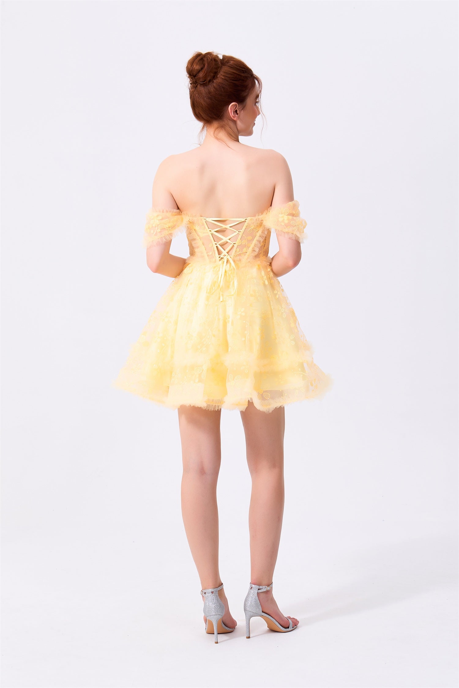 Daffodil Yellow Tulle and Lace A-Line Sweetheart Lace-Up Back Mini Dress Back View - Almudear