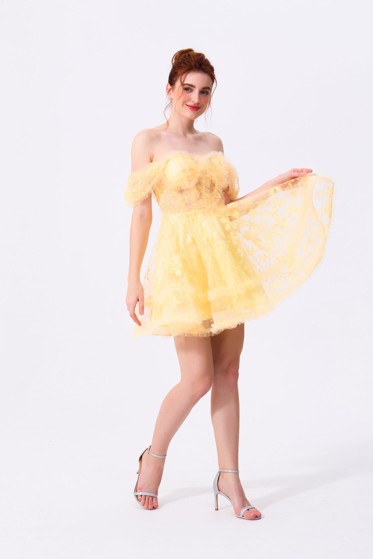 Daffodil Yellow Tulle and Lace A-Line Sweetheart Lace-Up Back Mini Dress Front View - Almudear