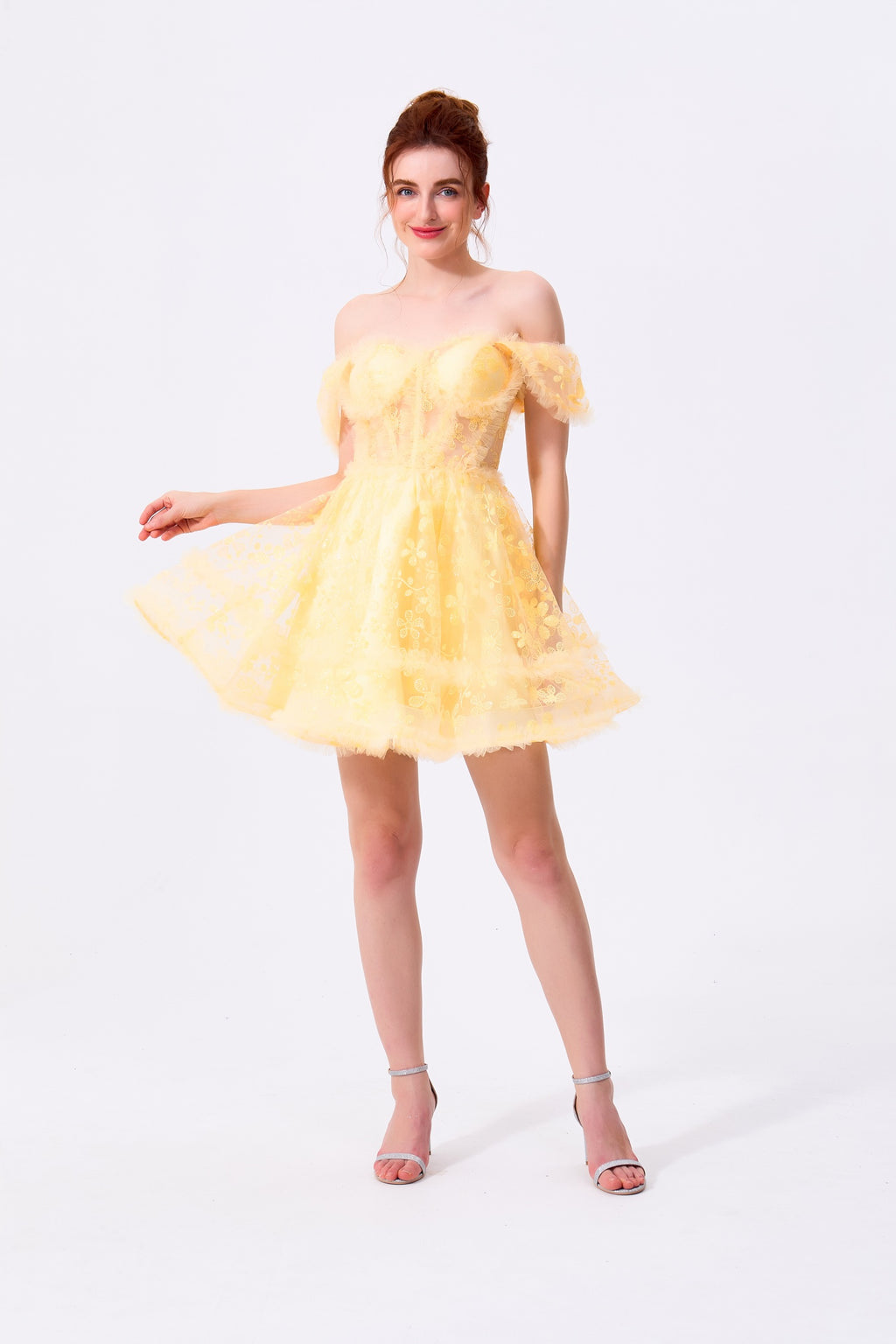 Daffodil Yellow Tulle and Lace A-Line Sweetheart Lace-Up Back Mini Dress - Almudear