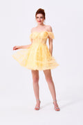 Daffodil Yellow Tulle and Lace A-Line Sweetheart Lace-Up Back Mini Dress - Almudear