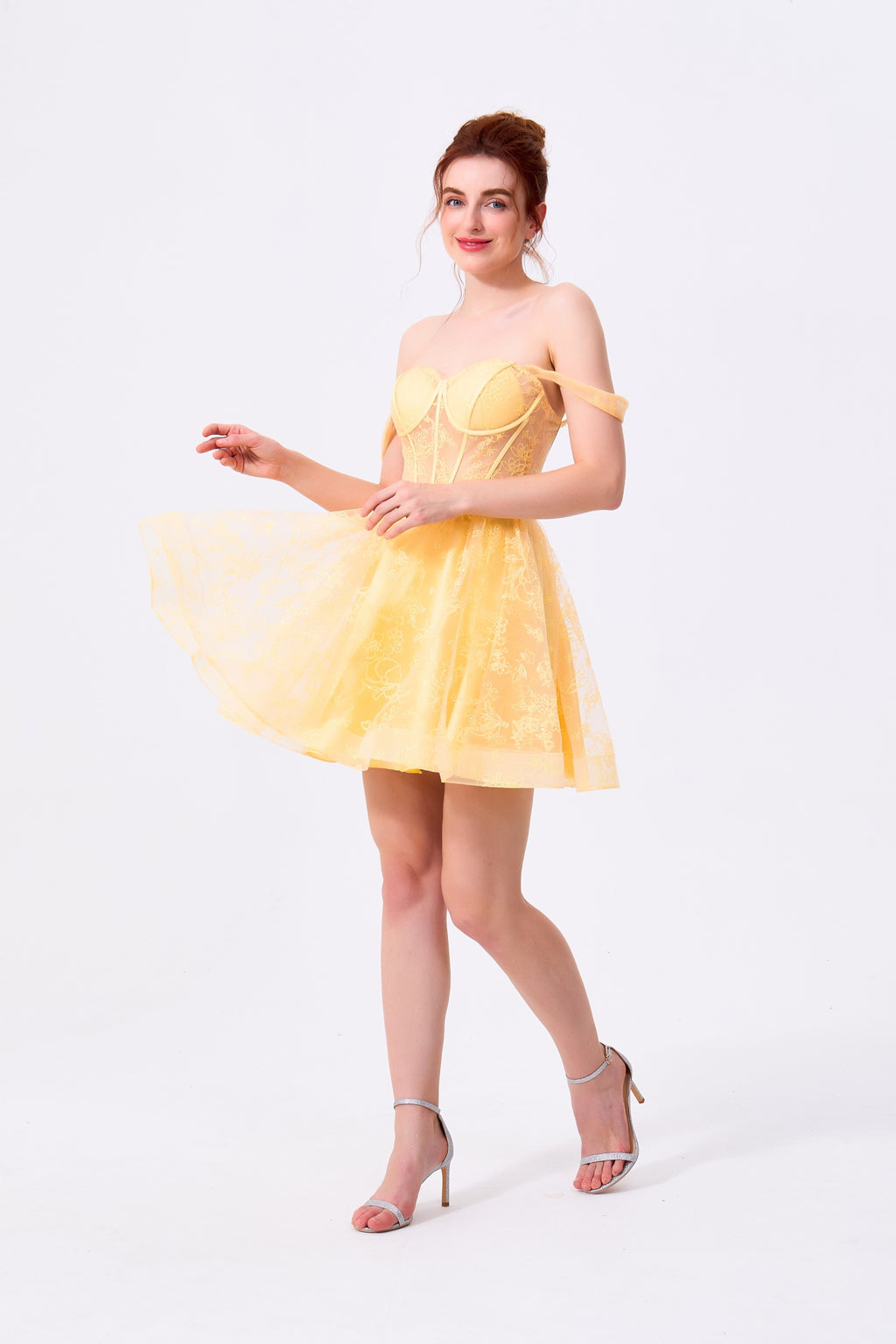 Daffodil Yellow Tulle and Lace A-Line Sweetheart Lace-Up Back Mini Dress - Almudear