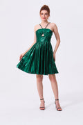 Emerald Green Metallic Fabric A-Line Halter Open Back Short Dress Front View - Almudear