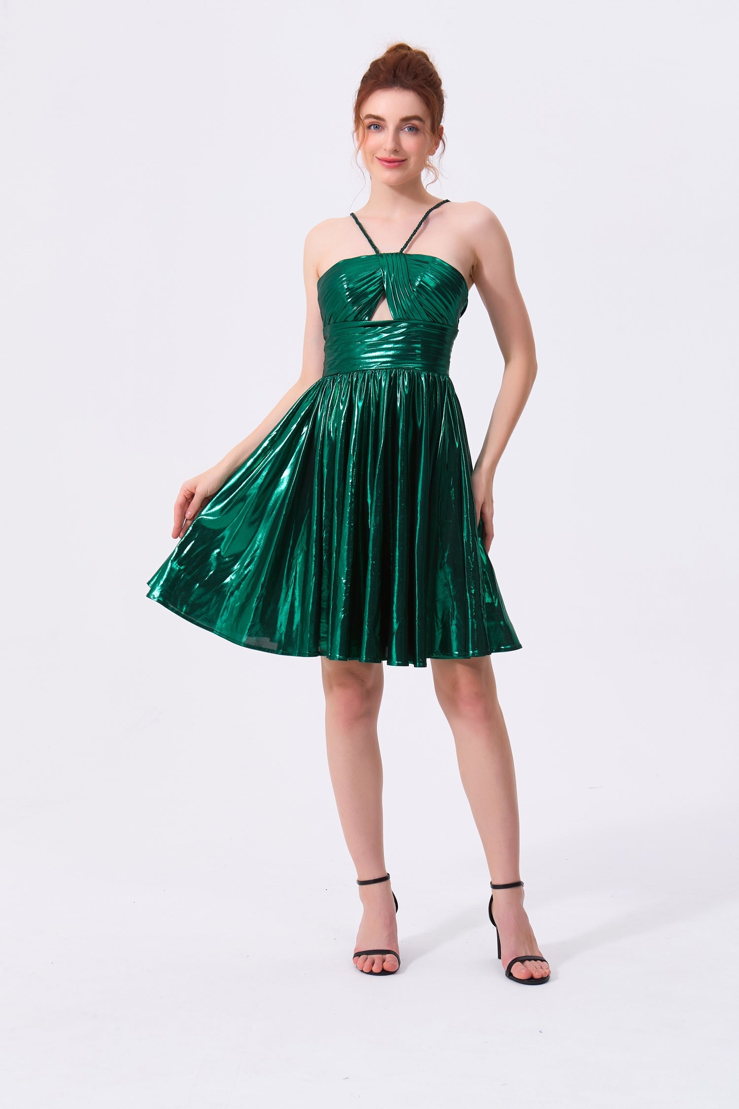 Emerald Green Metallic Fabric A-Line Halter Open Back Short Dress Front View - Almudear