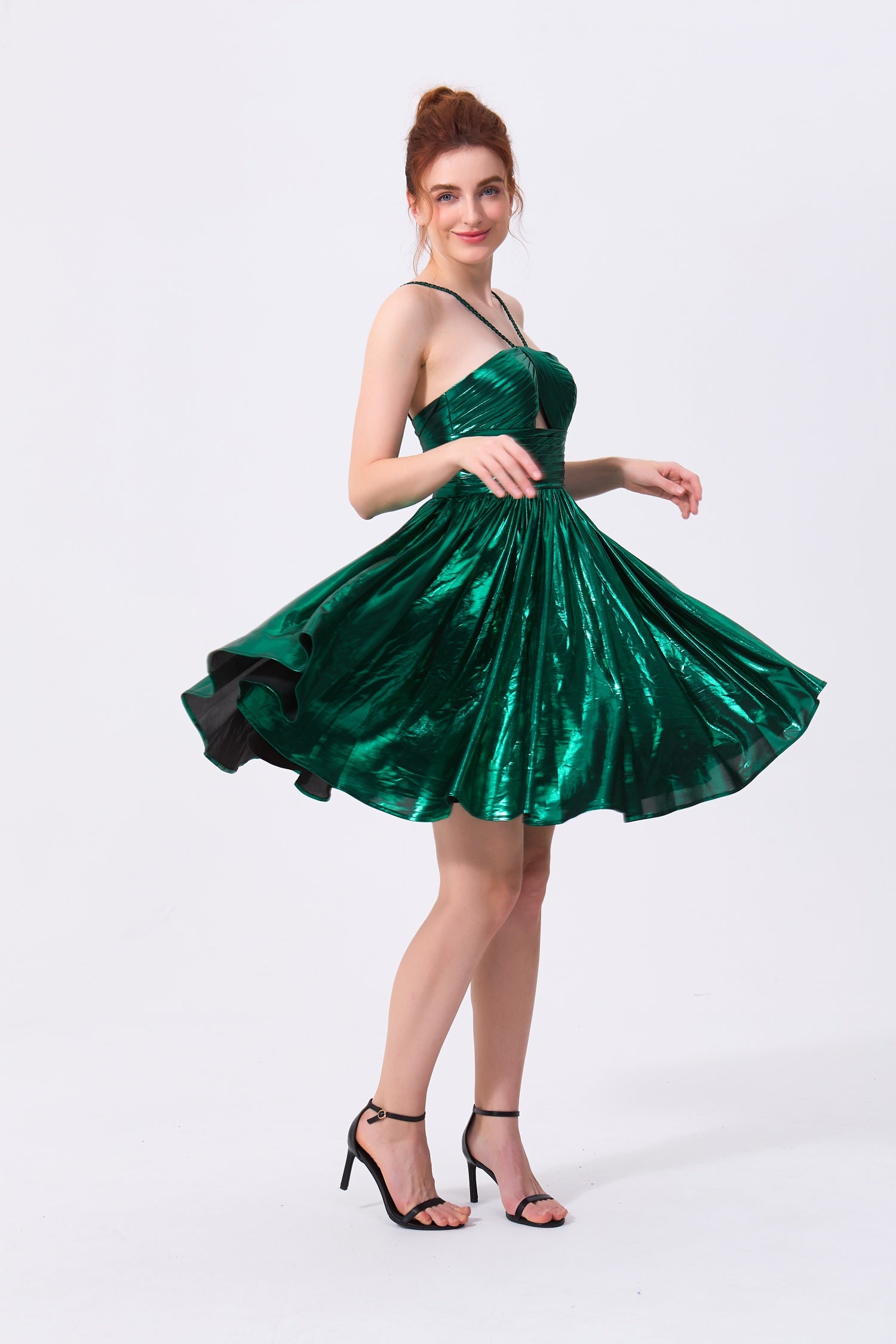 Emerald Green Metallic Fabric A-Line Halter Open Back Short Dress - Almudear