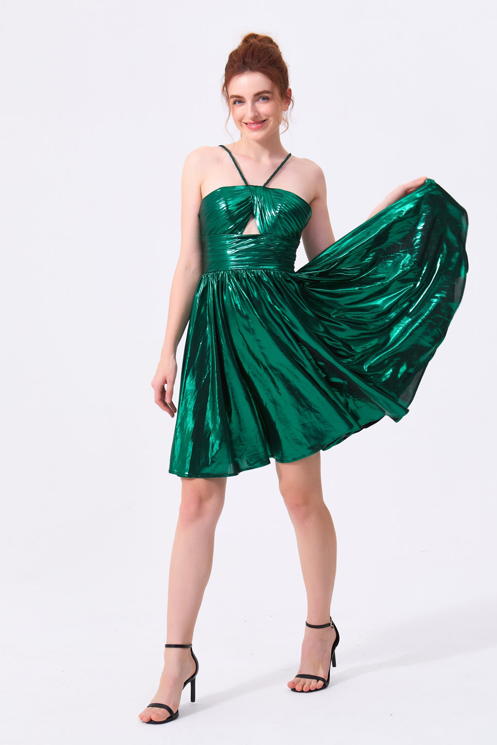 Emerald Green Metallic Fabric A-Line Halter Open Back Short Dress - Almudear