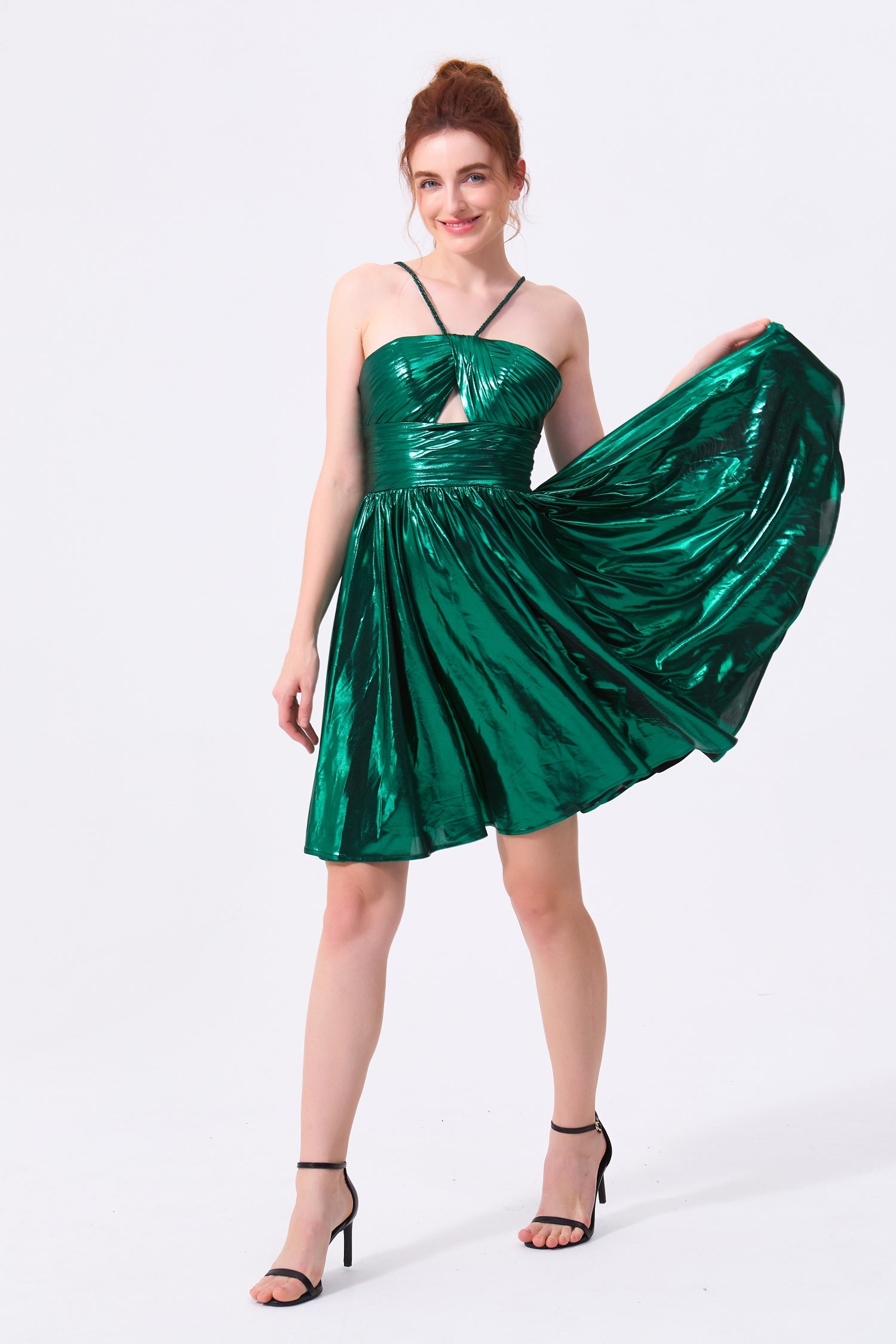 Emerald Green Metallic Fabric A-Line Halter Open Back Short Dress - Almudear
