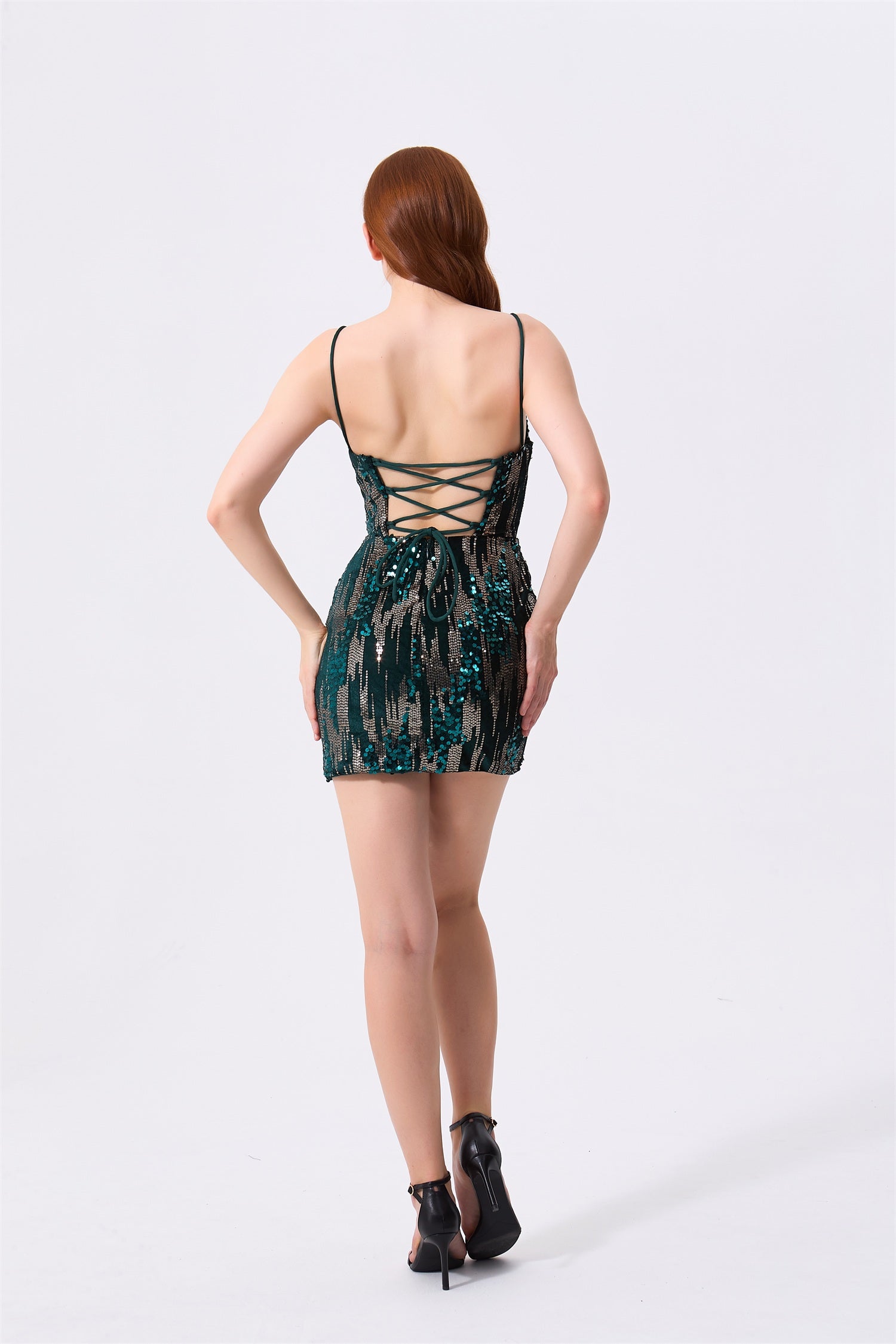 Emerald Green Sequin Bodycon V-Neck Lace-Up Back Mini Dress - Almudear