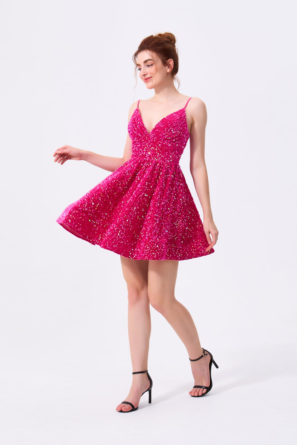 Fuchsia Pink Sequin a-line v-neck zipper-back mini Dress Front View - Almudear