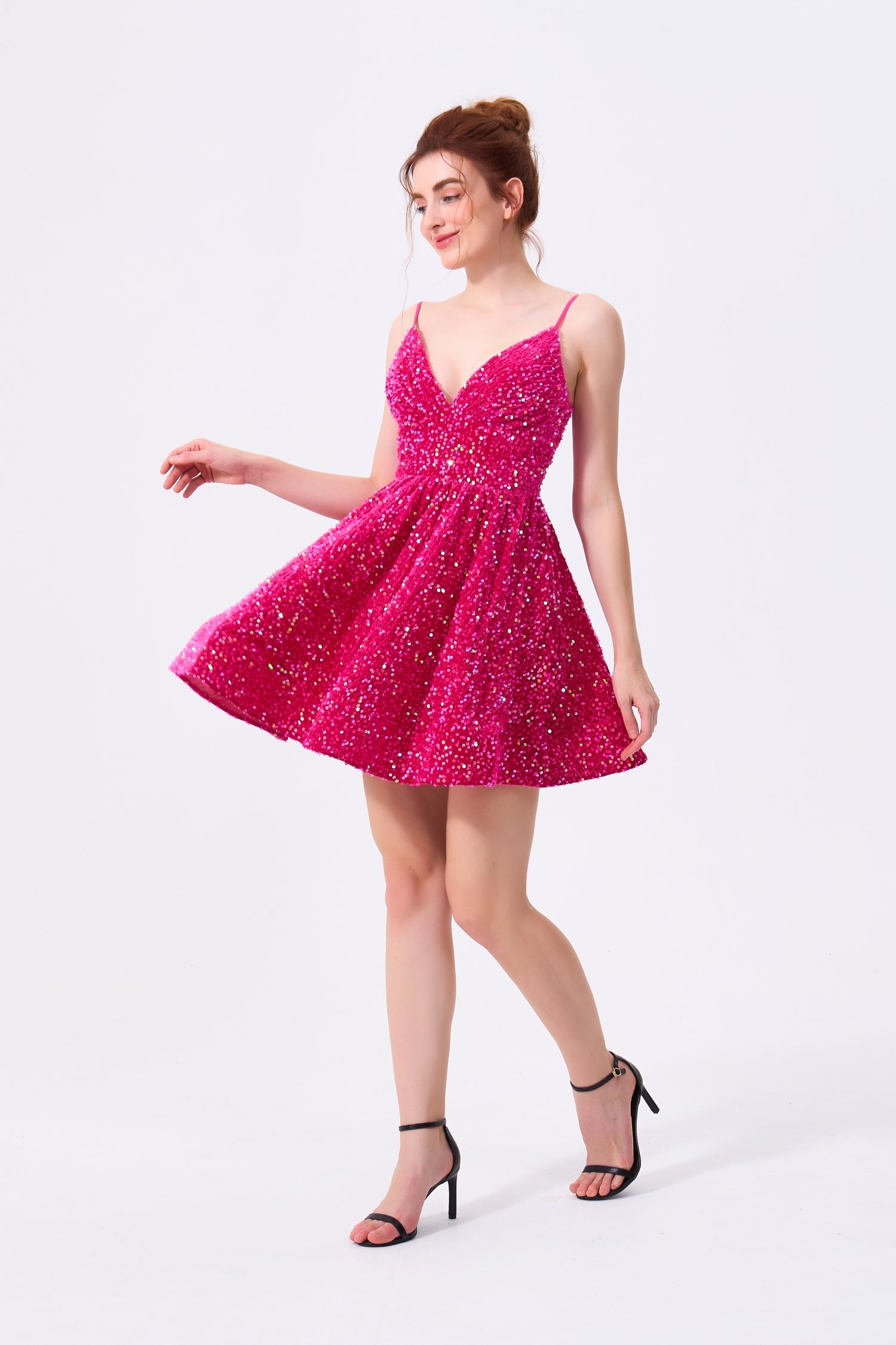 Fuchsia Pink Sequin a-line v-neck zipper-back mini Dress Front View - Almudear