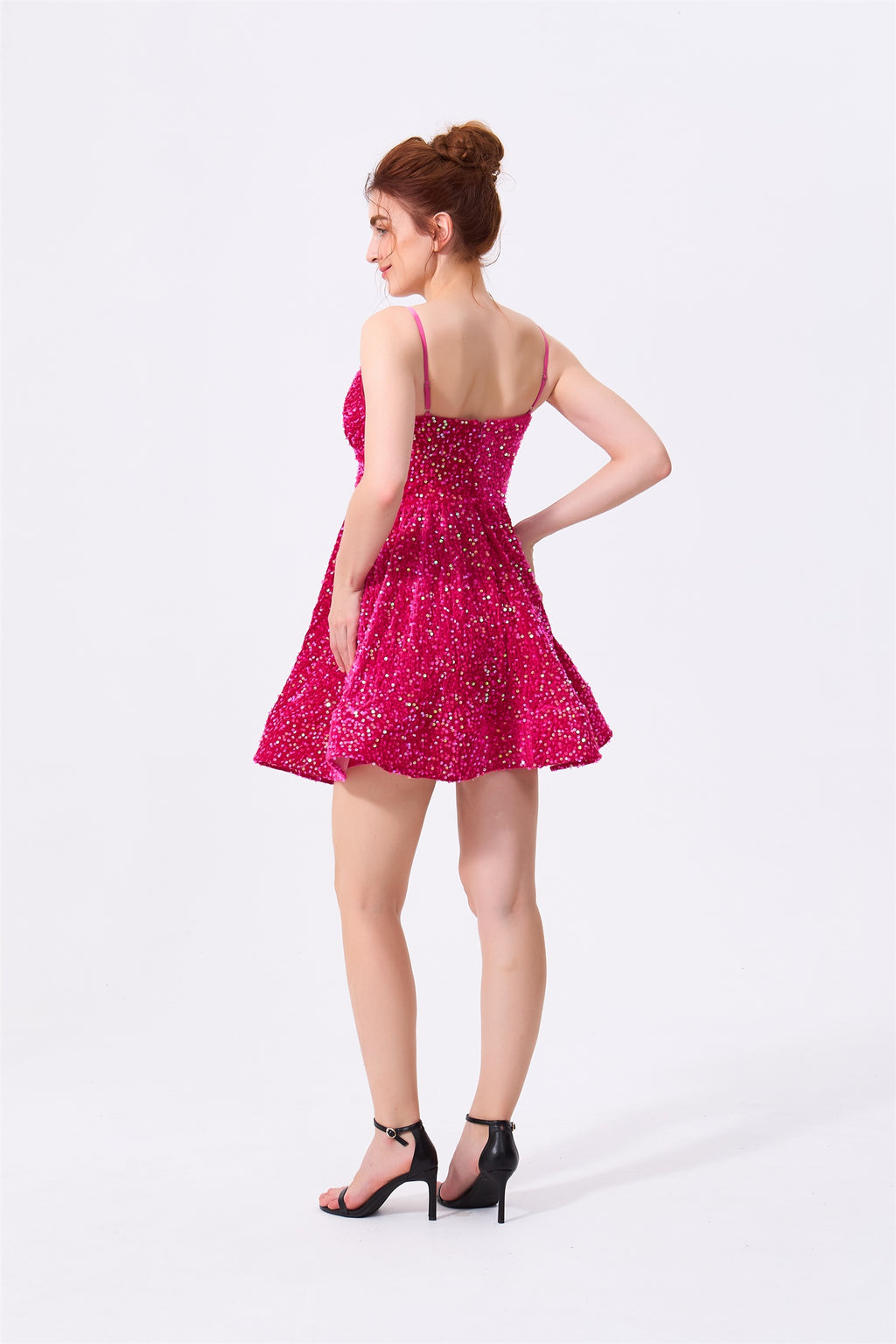 Fuchsia Pink Sequin a-line v-neck zipper-back mini Dress - Almudear