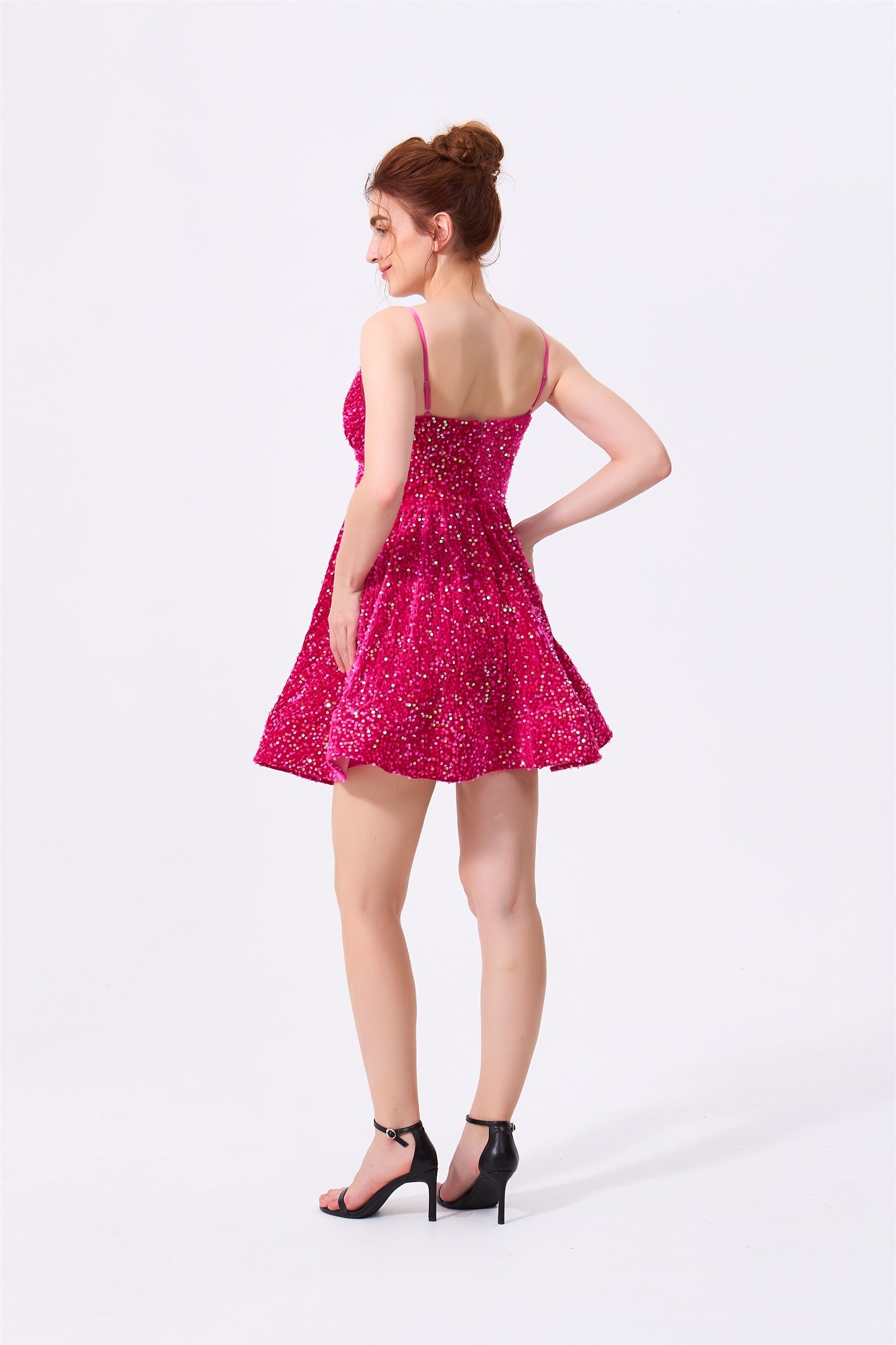 Fuchsia Pink Sequin a-line v-neck zipper-back mini Dress - Almudear