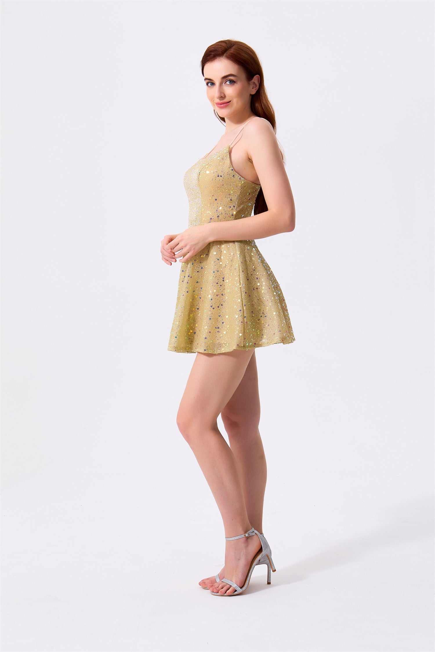 Gold Glitter Fabric A-Line Square Neck Zipper Back Mini Dress - Almudear