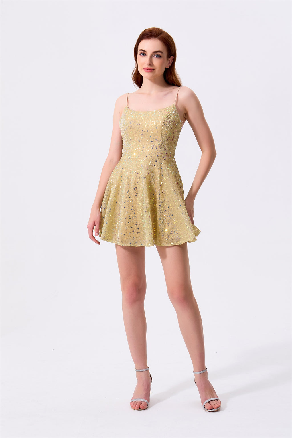 Gold Glitter Fabric A-Line Square Neck Zipper Back Mini Dress - Almudear