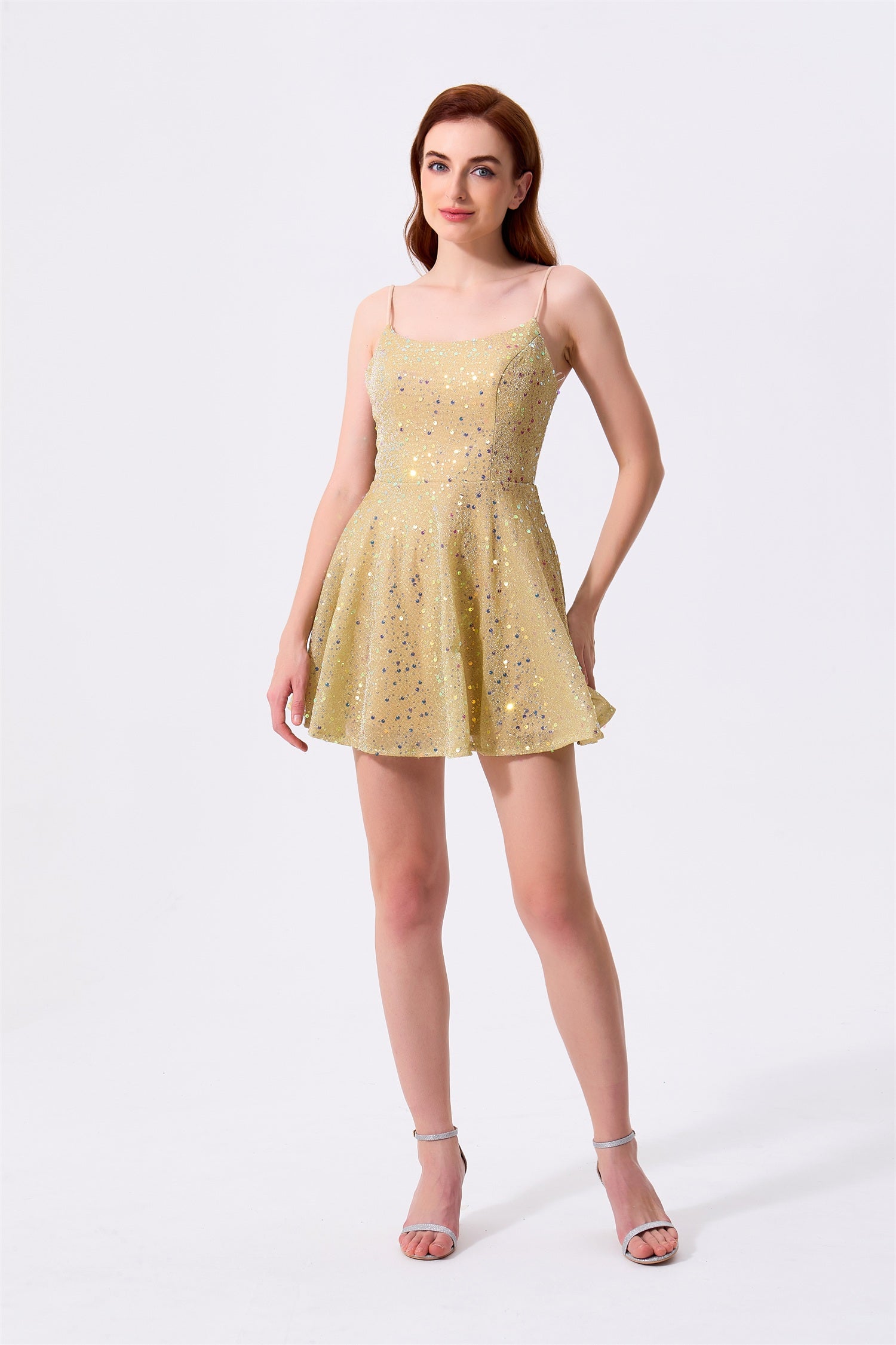 Gold Glitter Fabric A-Line Square Neck Zipper Back Mini Dress - Almudear
