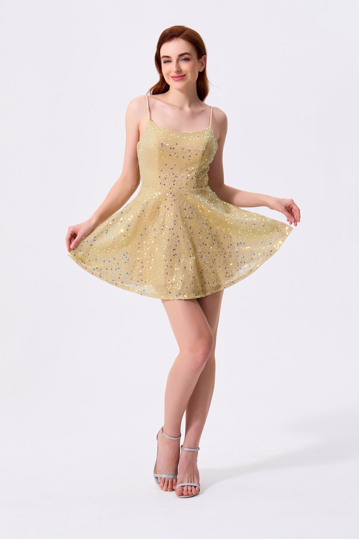 Gold Glitter Fabric A-Line Square Neck Zipper Back Mini Dress - Almudear