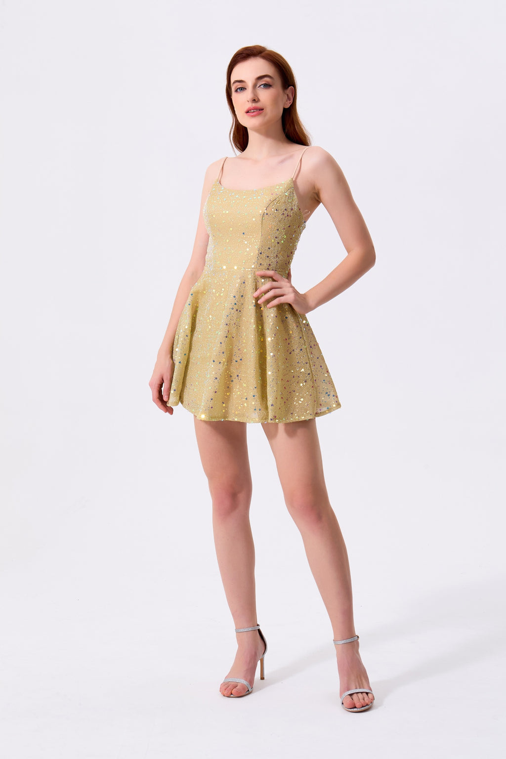 Gold Glitter Fabric A-Line Square Neck Zipper Back Mini Dress - Almudear
