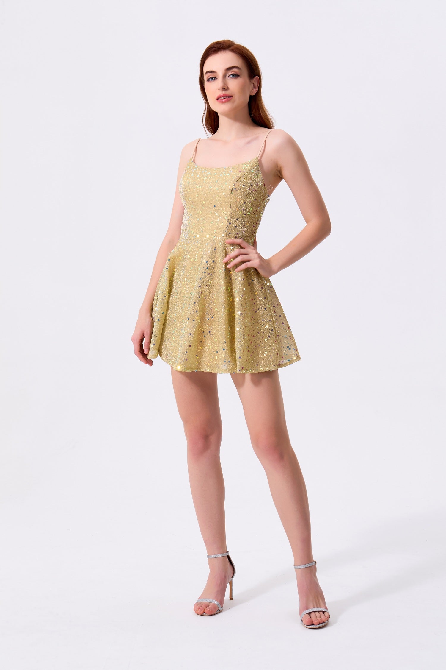 Gold Glitter Fabric A-Line Square Neck Zipper Back Mini Dress - Almudear