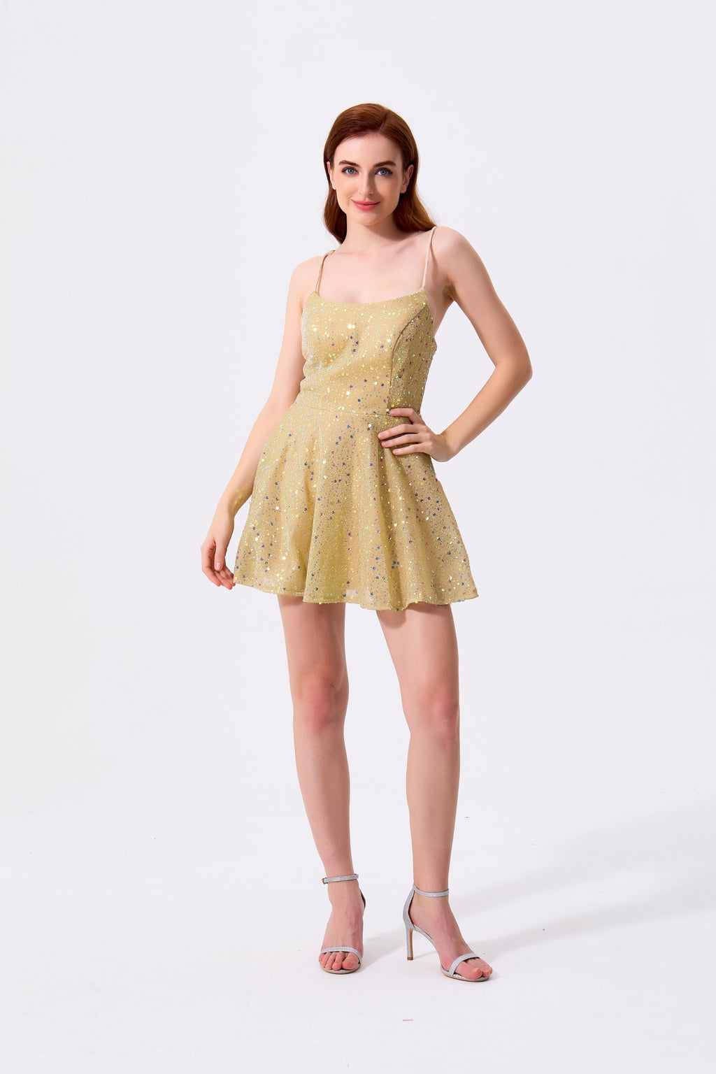 Gold Glitter Sequin Fabric A-Line Straight Across Lace-Up Back Mini Dress - Almudear