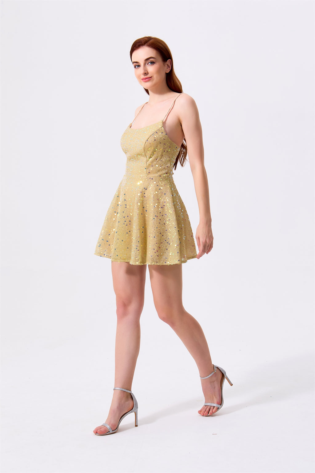 Gold Glitter Sequin Fabric A-Line Straight Across Lace-Up Back Mini Dress - Almudear