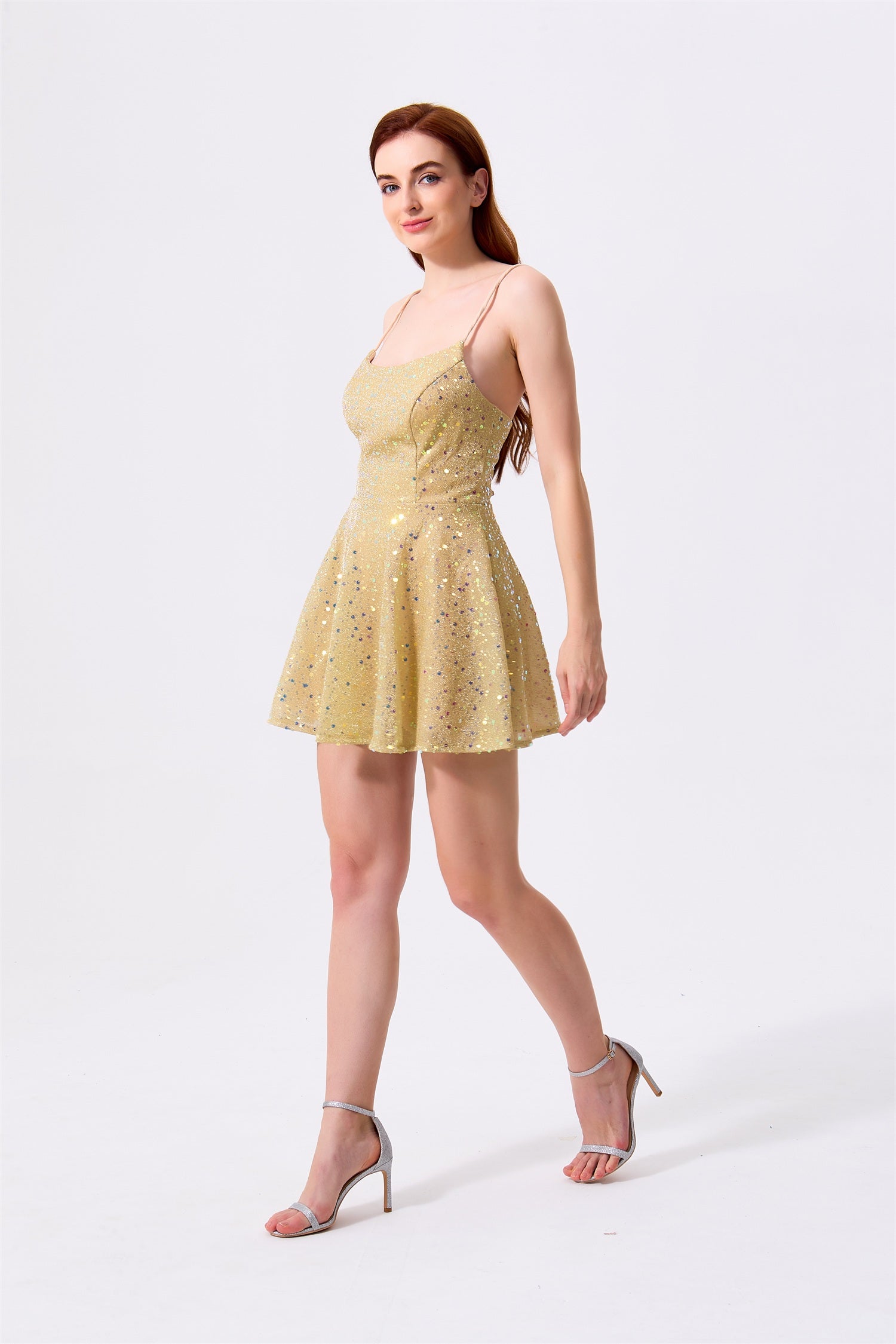 Gold Glitter Sequin Fabric A-Line Straight Across Lace-Up Back Mini Dress - Almudear