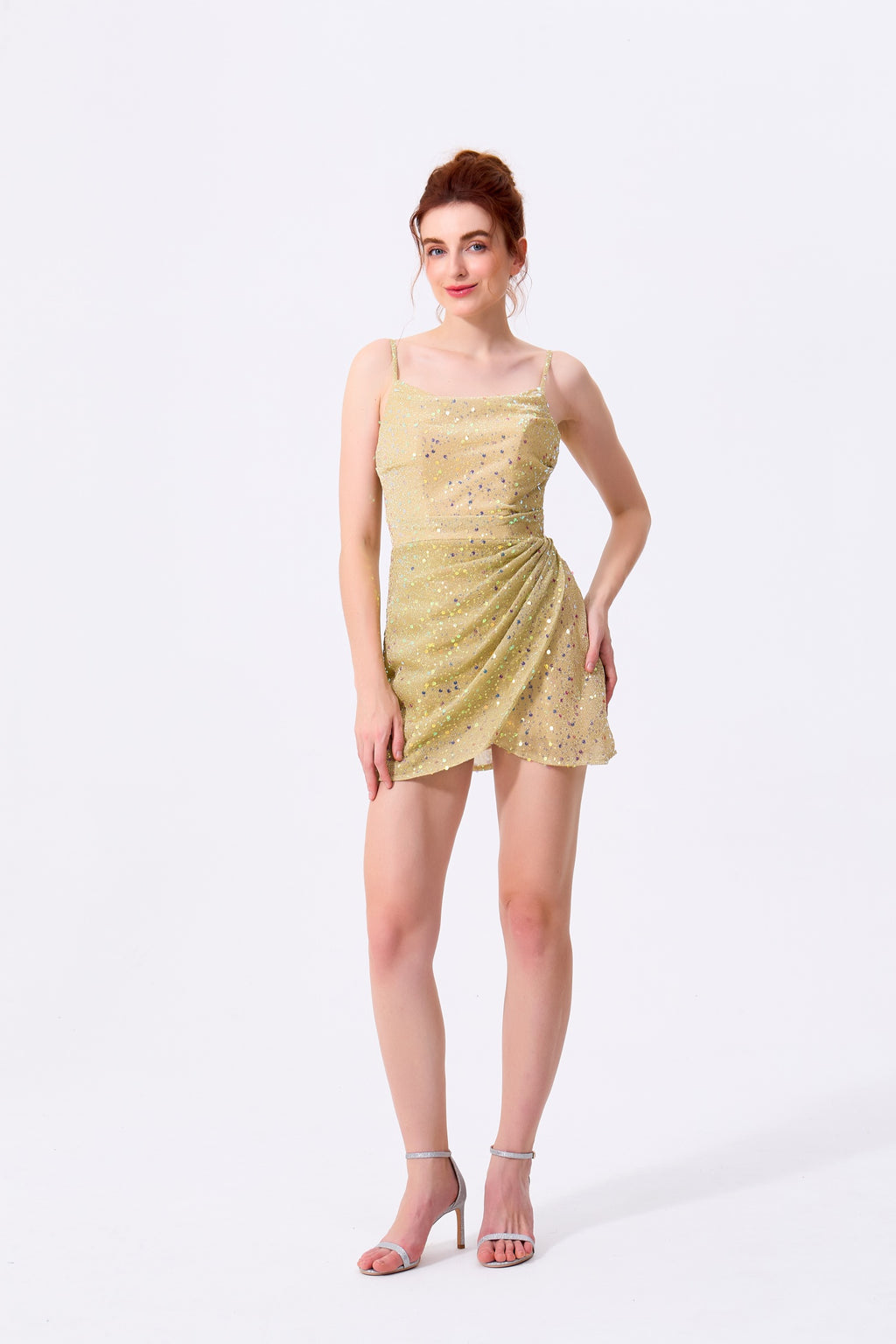 Gold Sequin Bodycon Straight Across Zipper Back Mini Dress - Almudear