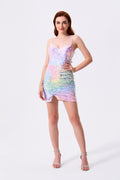Iridescent Pastel Rainbow Sequin Bodycon Sweetheart Mini Dress Front View - Almudear
