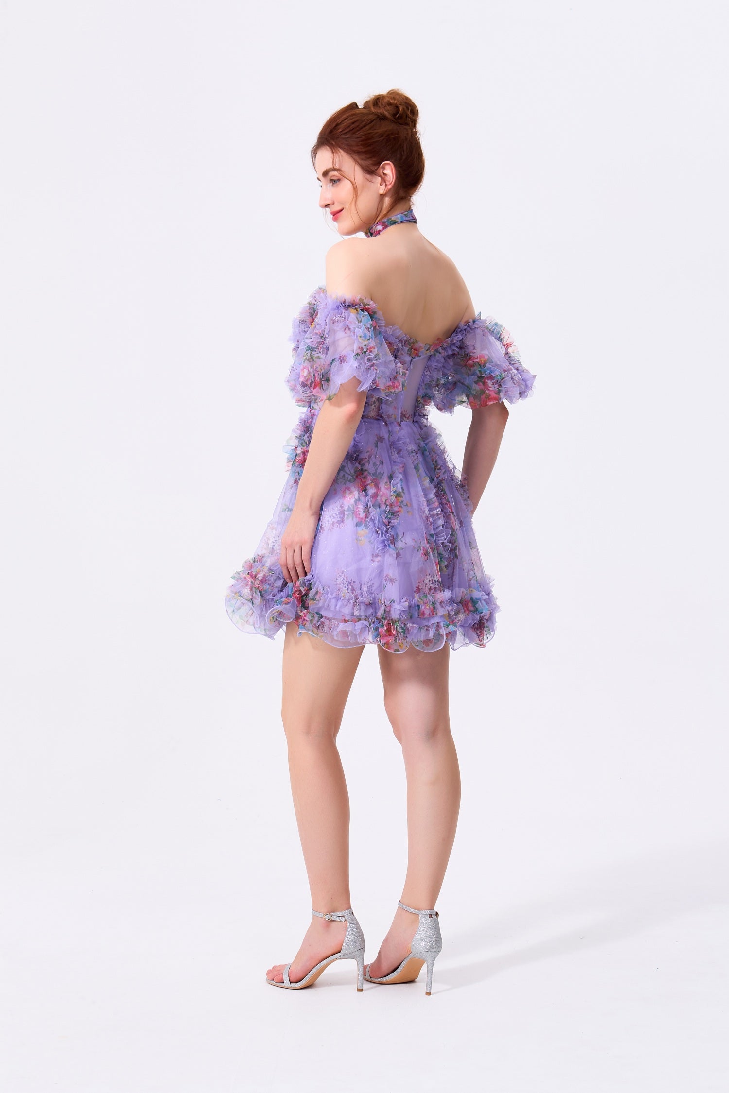 Lavender Floral Mesh & Tulle A-Line Off-the-Shoulder Zipper Back Mini Dress Back View - Almudear