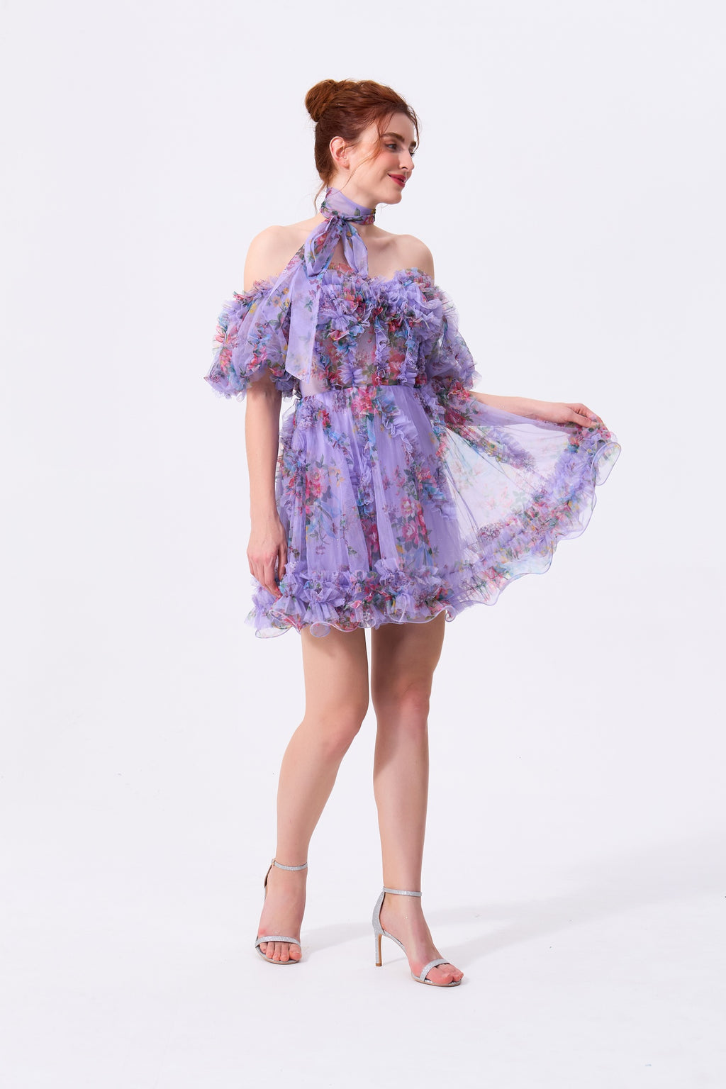 Lavender Floral Mesh & Tulle A-Line Off-the-Shoulder Zipper Back Mini Dress Front View - Almudear