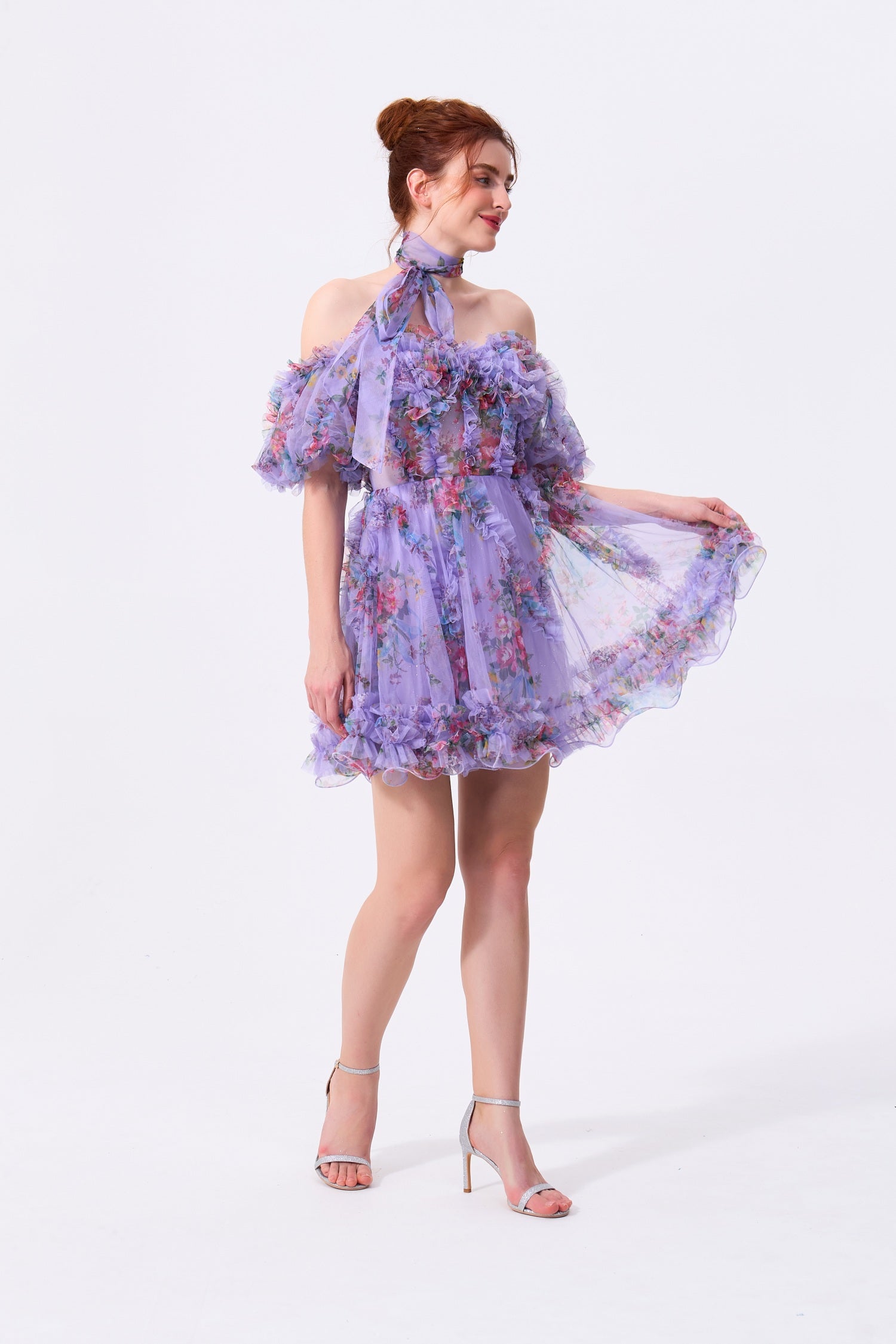 Lavender Floral Mesh & Tulle A-Line Off-the-Shoulder Zipper Back Mini Dress Front View - Almudear