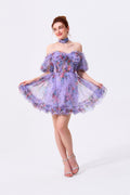 Lavender Floral Mesh & Tulle A-Line Off-the-Shoulder Zipper Back Mini Dress - Almudear