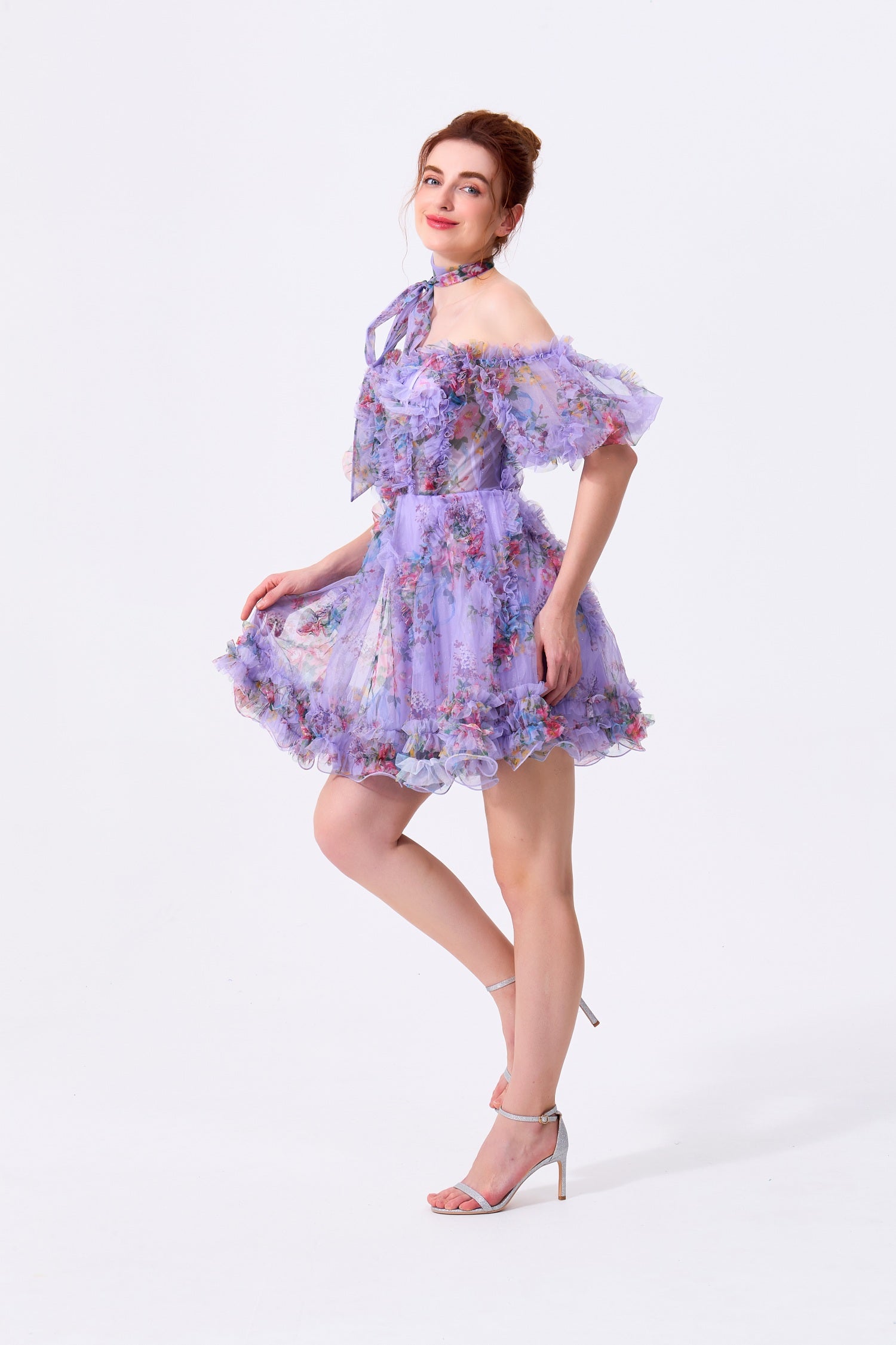 Lavender Floral Mesh & Tulle A-Line Off-the-Shoulder Zipper Back Mini Dress - Almudear