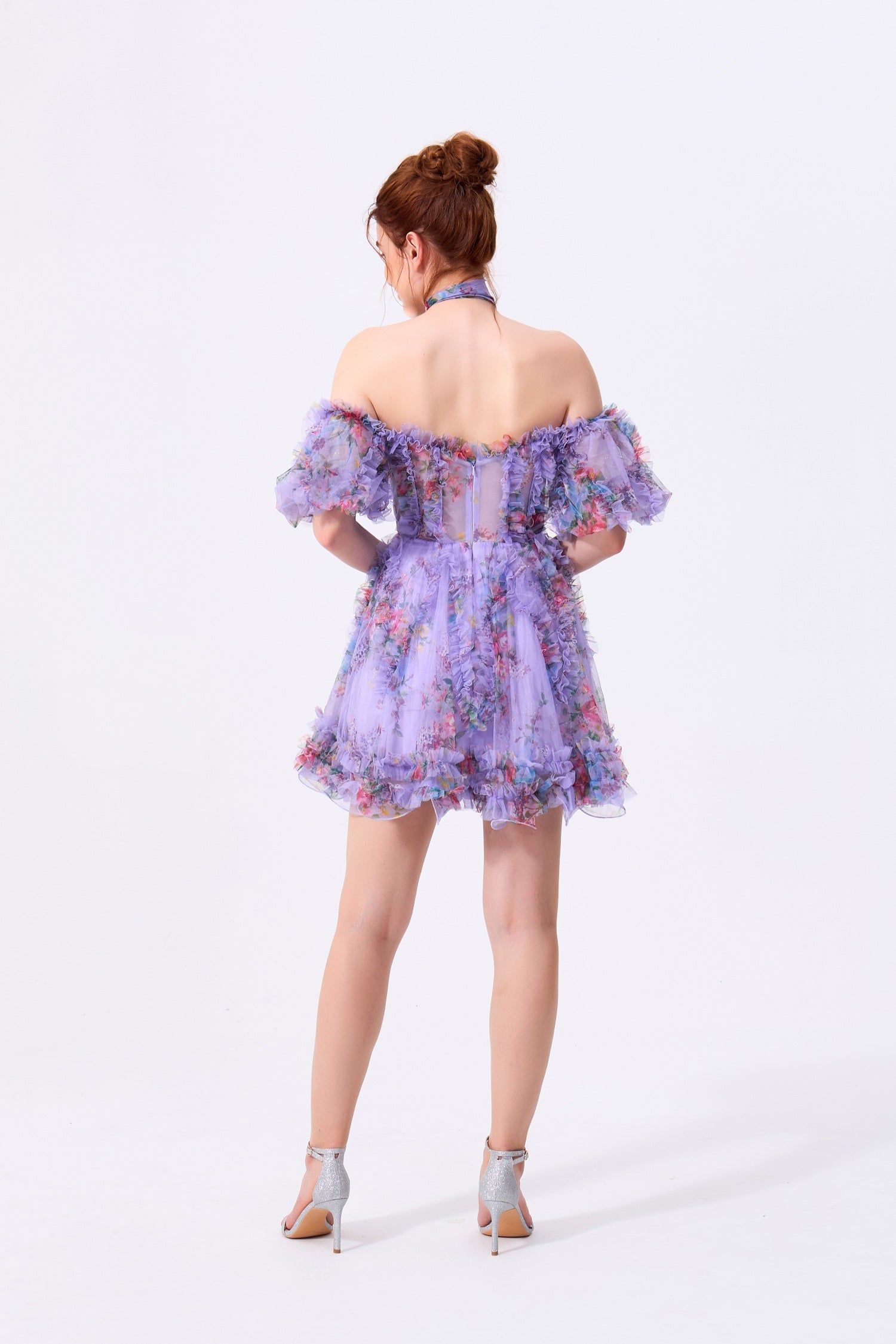 Lavender Floral Mesh & Tulle A-Line Off-the-Shoulder Zipper Back Mini Dress - Almudear