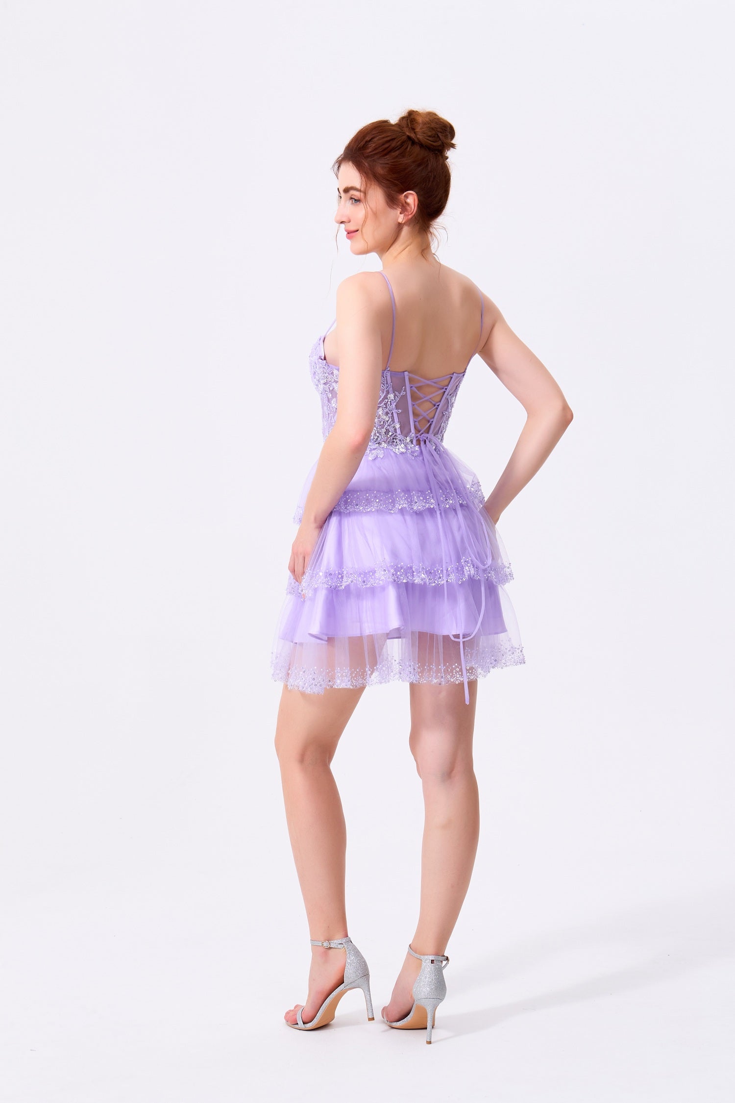 Lavender Tulle & Lace A-Line Sweetheart Lace-Up Back Mini Dress Back View - Almudear