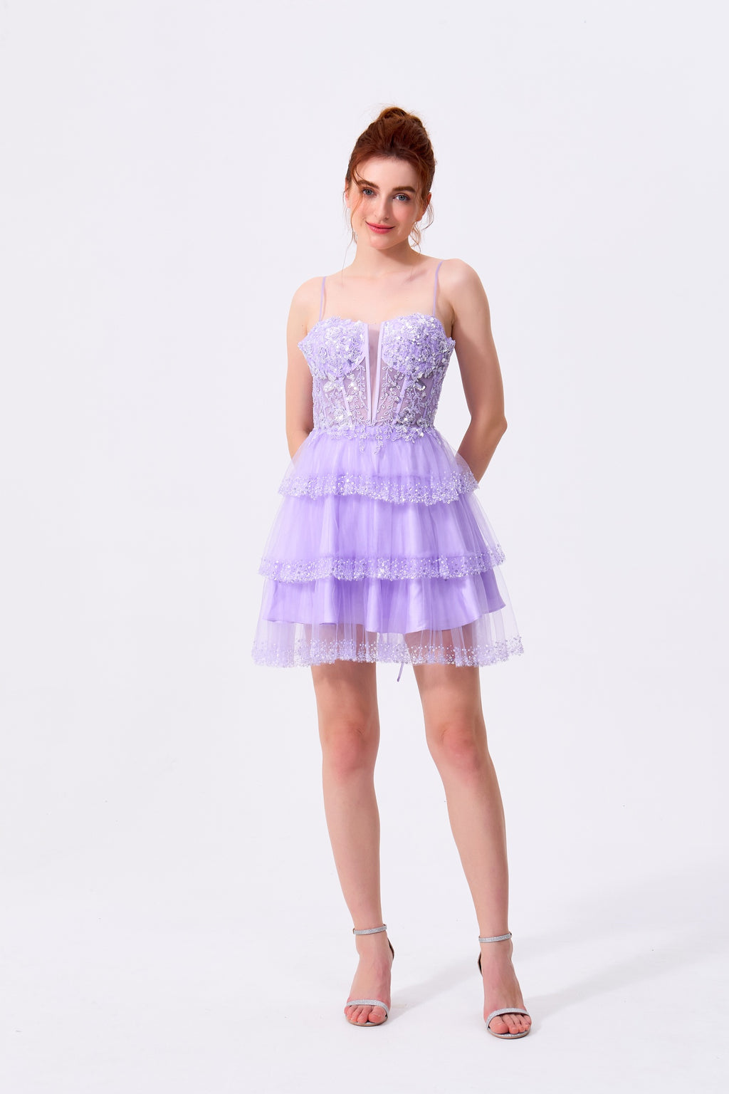 Lavender Tulle & Lace A-Line Sweetheart Lace-Up Back Mini Dress Front View - Almudear