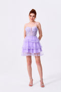 Lavender Tulle & Lace A-Line Sweetheart Lace-Up Back Mini Dress Front View - Almudear